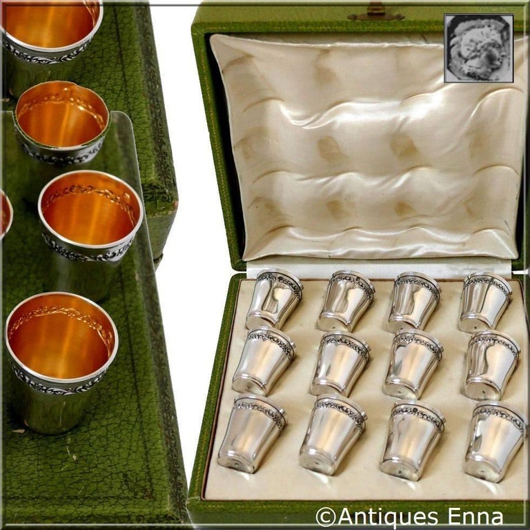 Head of Minerve first titre for 950/1000 French sterling silver guarantee. The quality of the gold used to recover sterling silver is a minimum of 750 mils (18-karat).

This complete set is with its original case with compartments for each piece.