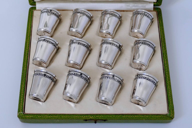 Antique French Sterling Silver 18-Karat Gold Liquor Cups 12 Pieces, Original Box For Sale 3