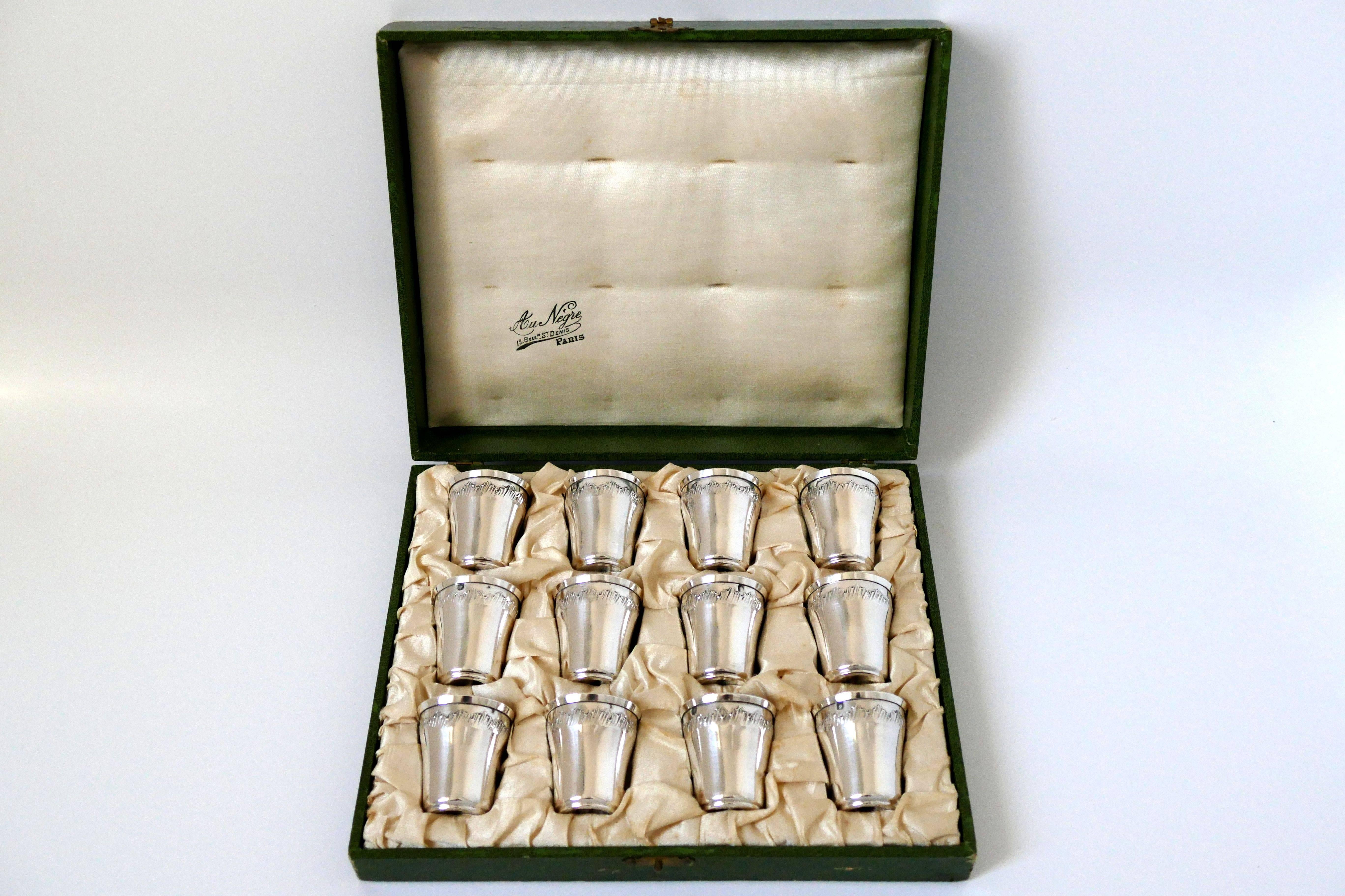 Gruyer French Sterling Silver Liquor Cups 12 Pieces, Original Box, Rococo 2