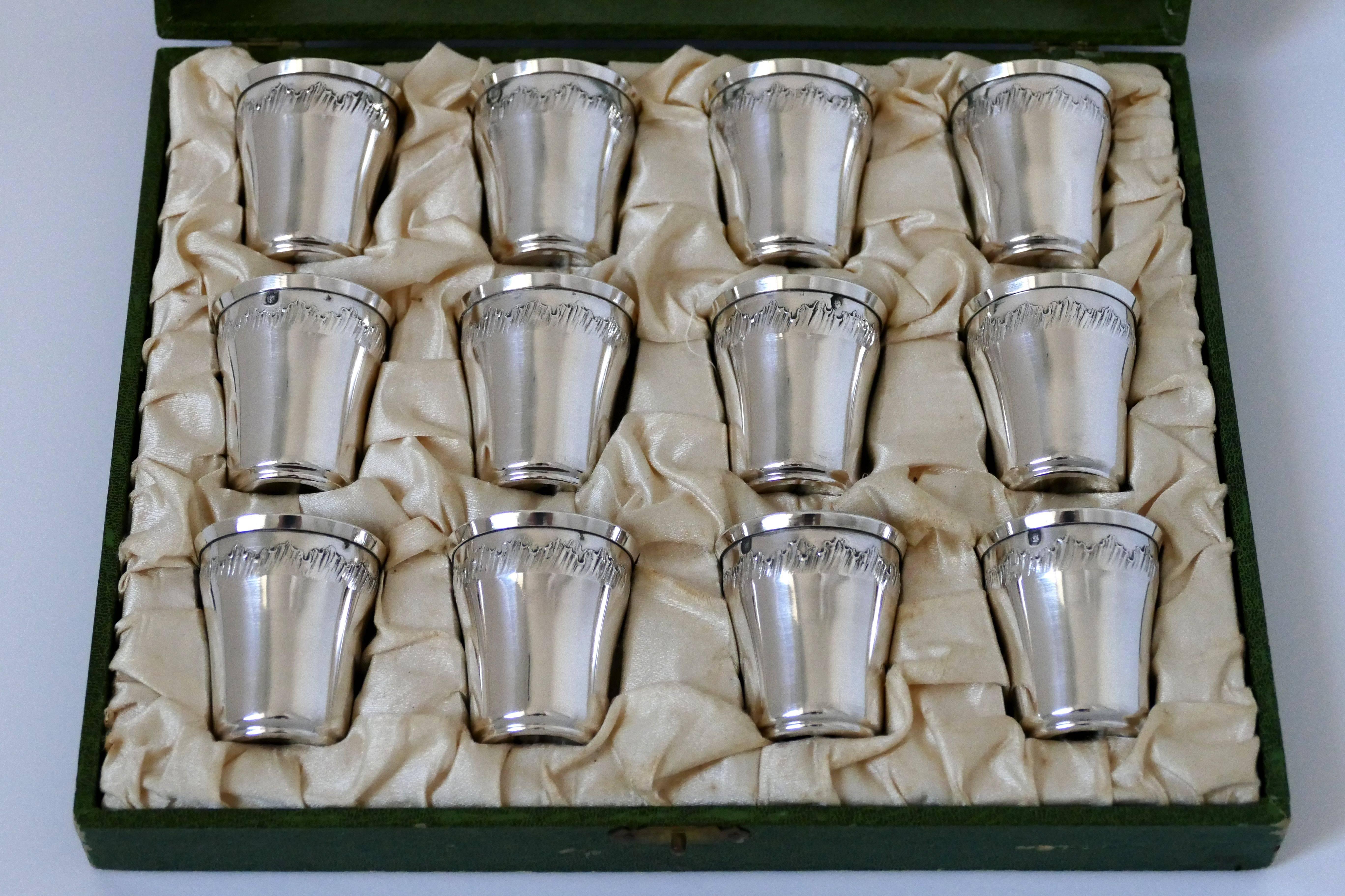 Early 20th Century Gruyer French Sterling Silver Liquor Cups 12 Pieces, Original Box, Rococo