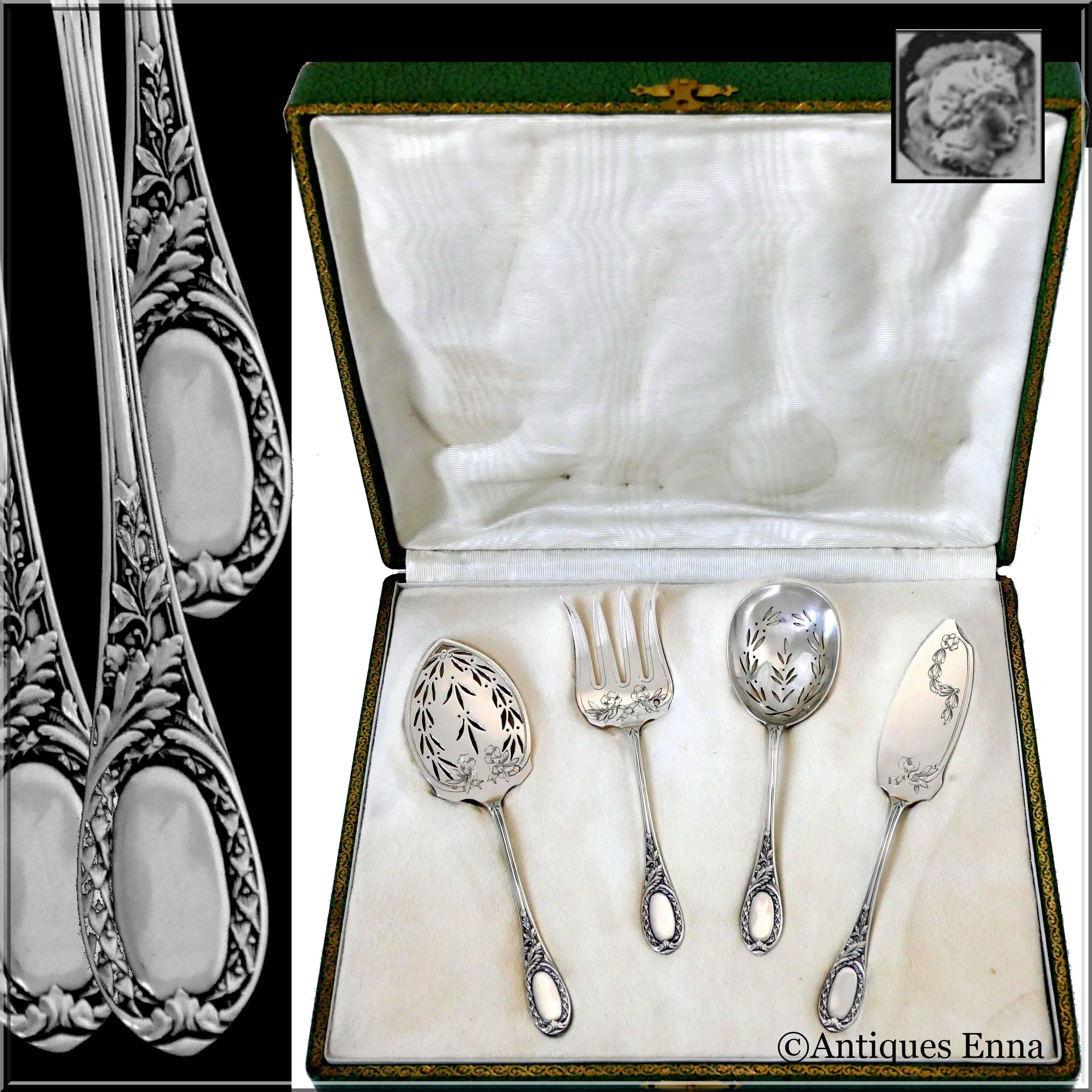 Head of Minerve first titre for 950/1000 French sterling silver guarantee.

The set includes a server, a fork, a spoon and a knife. It can be used for dessert as for Hors d'oeuvre. The spatulas are decorated in a neoclassical, Louis XVI style with