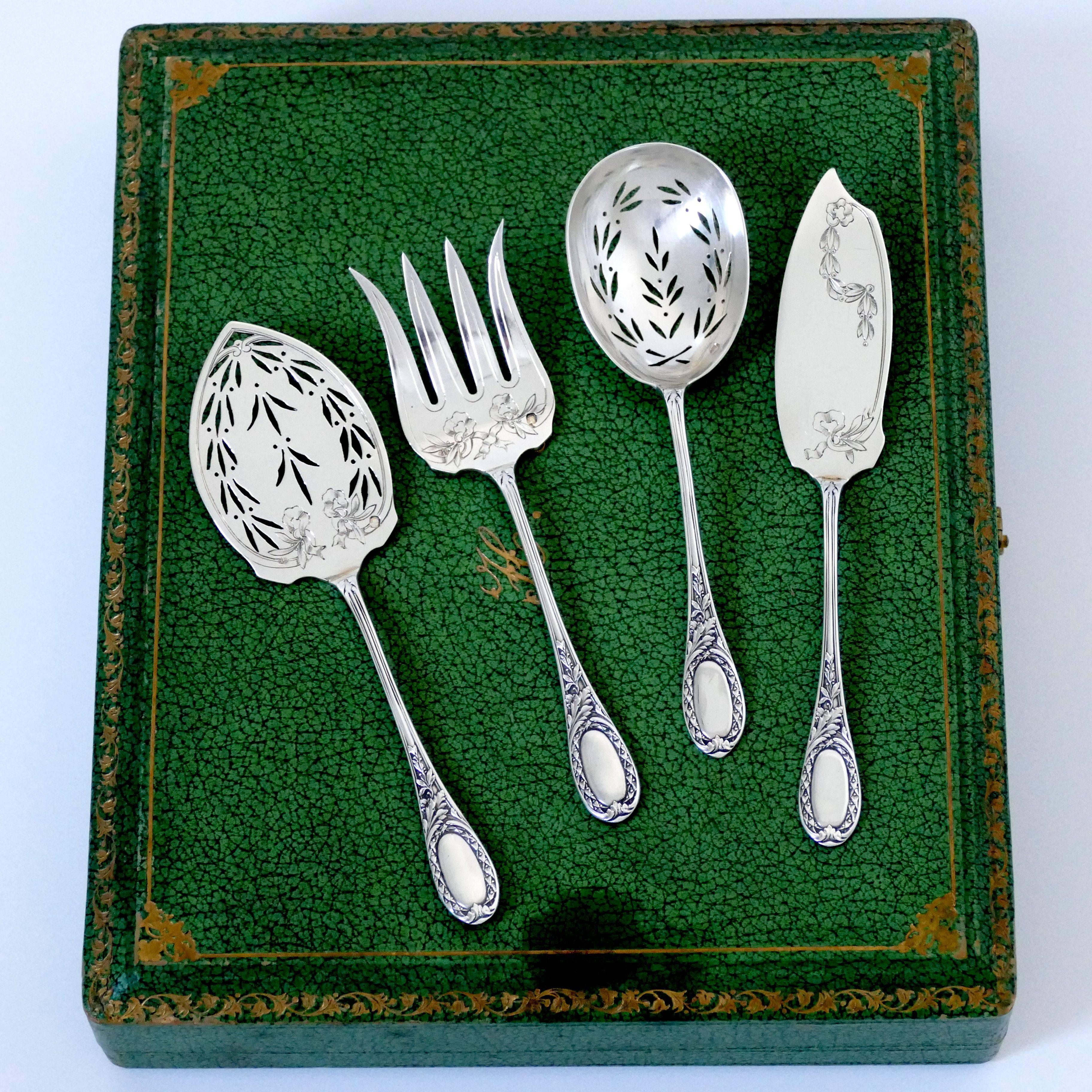 Puiforcat French Sterling Silver Dessert Hors D'oeuvre Set, Box, Neoclassical For Sale 6