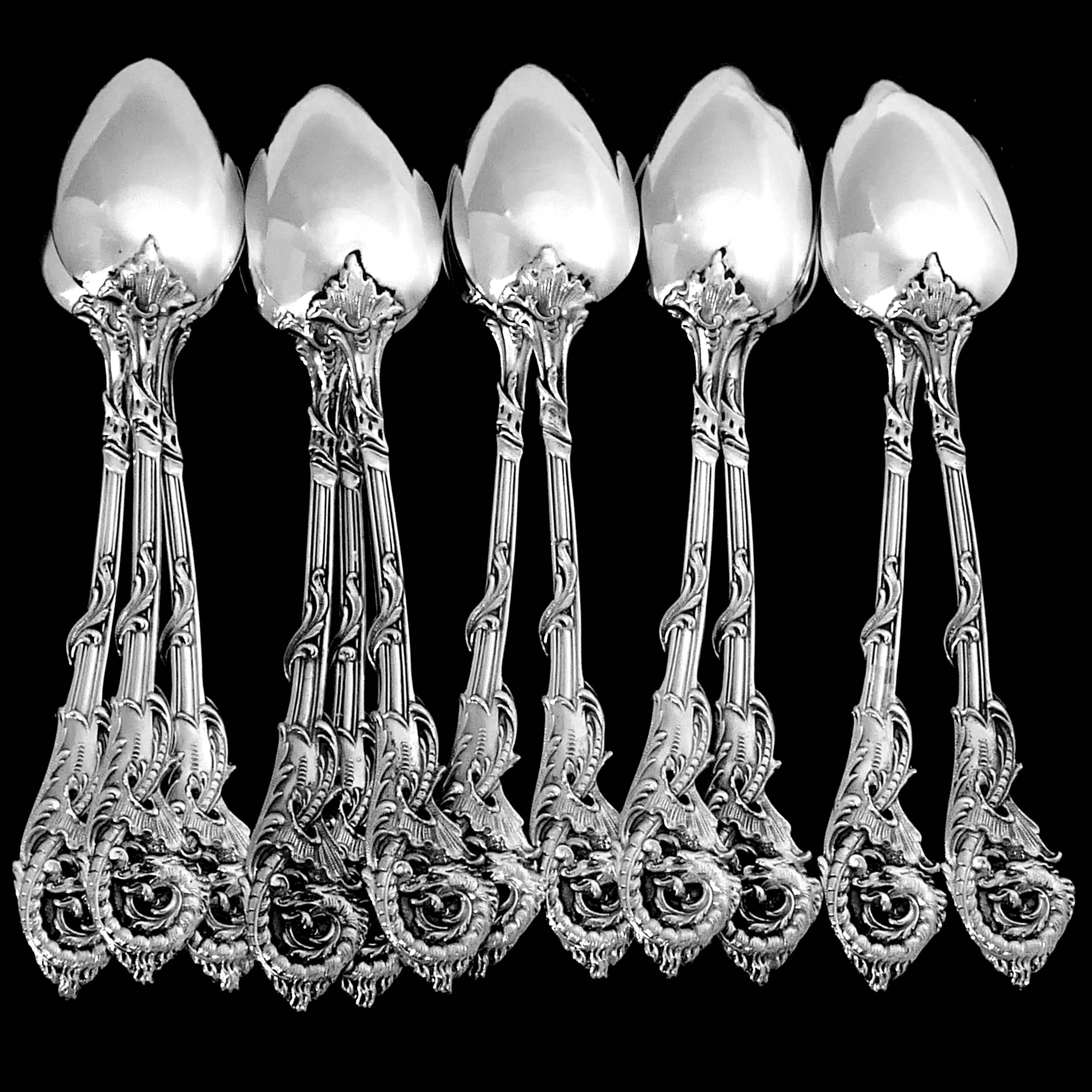 Veyrat Rare French Sterling Silver 18k Gold Tea Coffee Spoons Set 12 Pc, Dragon For Sale 5
