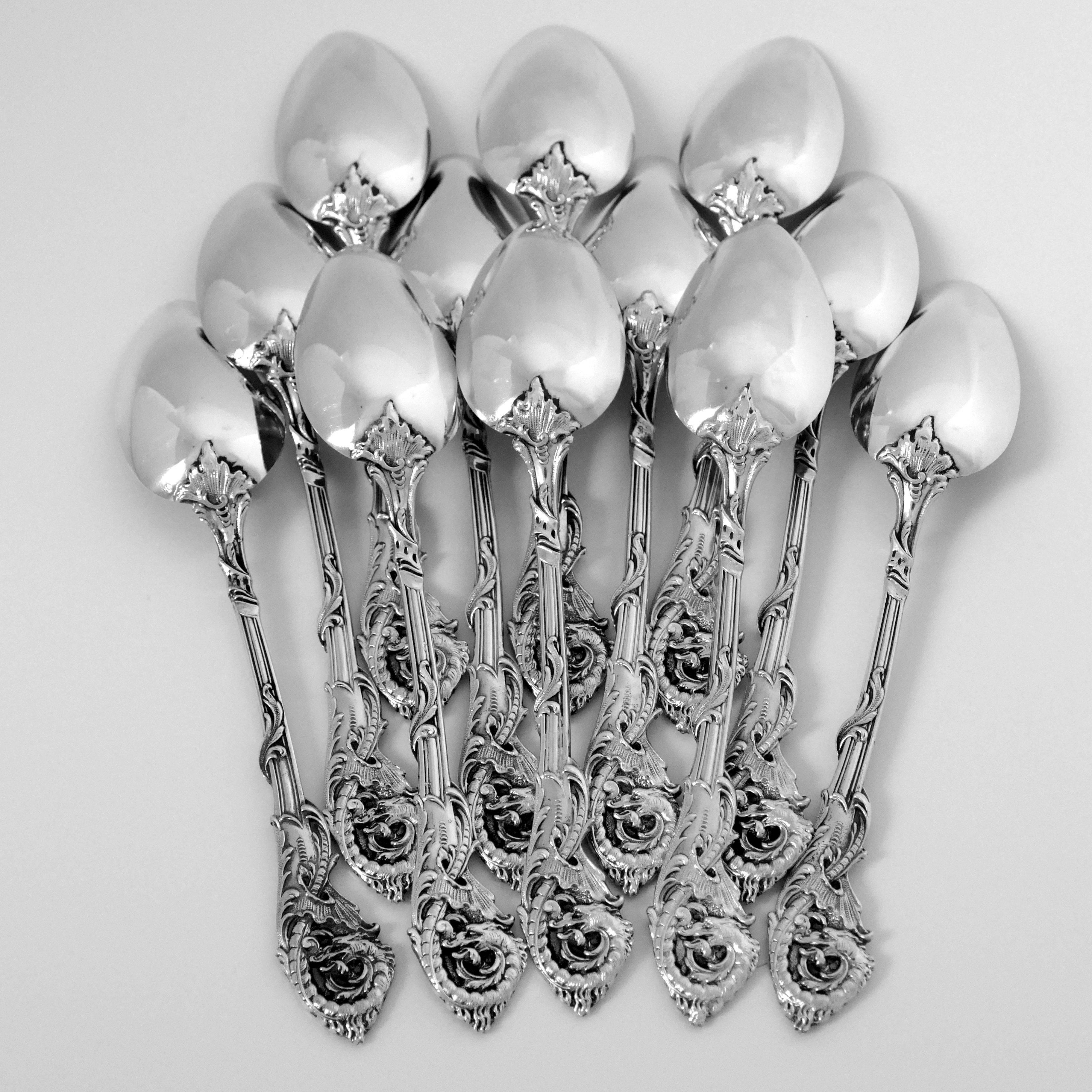 Late 19th Century Veyrat Rare French Sterling Silver 18k Gold Tea Coffee Spoons Set 12 Pc, Dragon For Sale