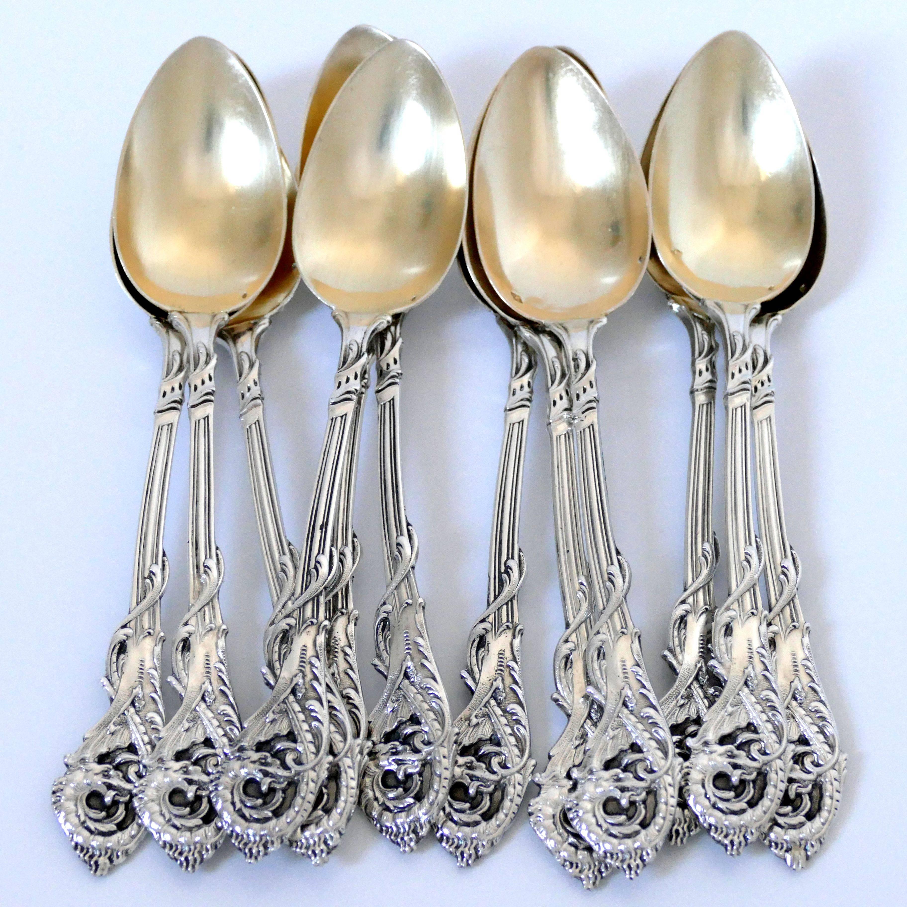 Veyrat Rare French Sterling Silver 18k Gold Tea Coffee Spoons Set 12 Pc, Dragon For Sale 3