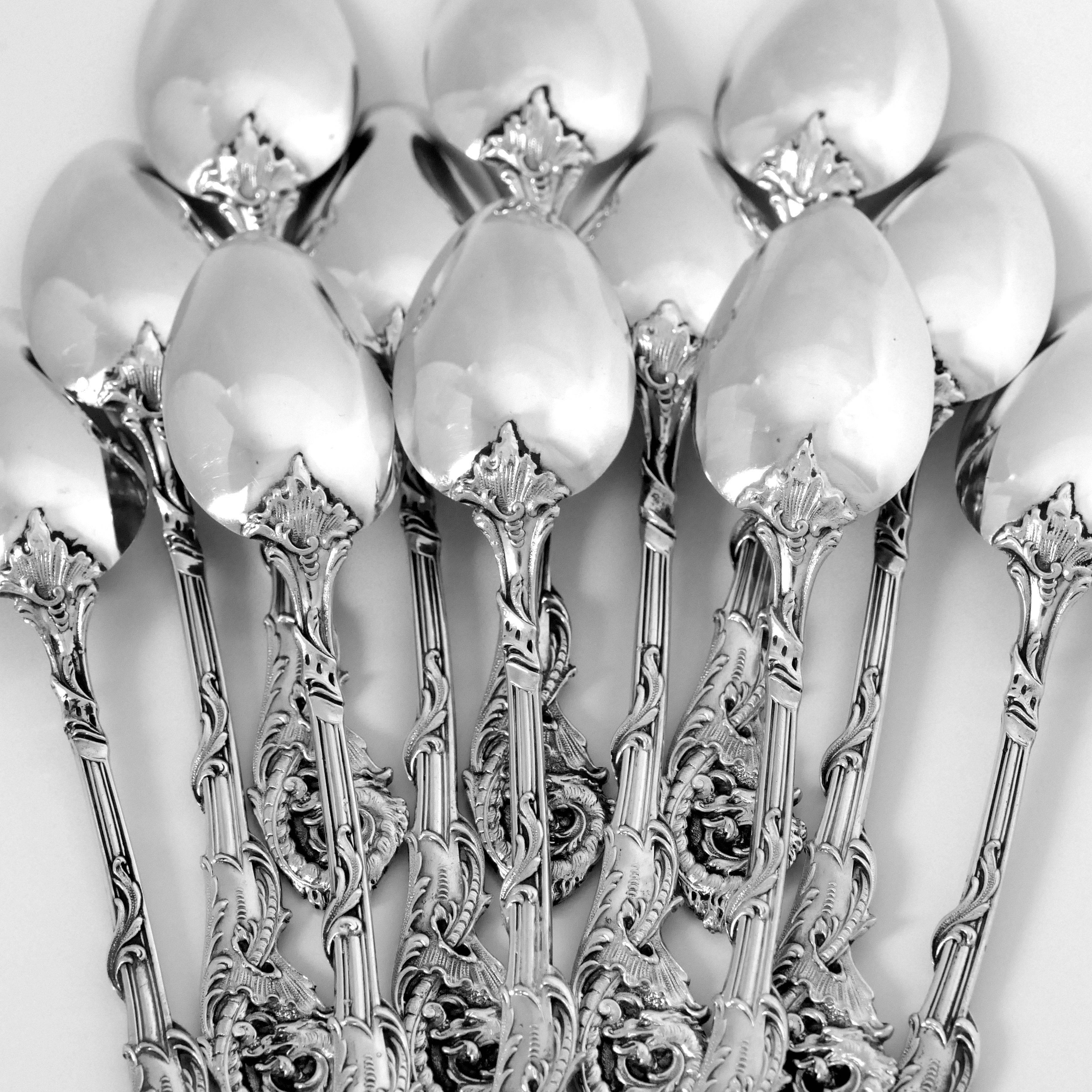 Veyrat Rare French Sterling Silver 18k Gold Tea Coffee Spoons Set 12 Pc, Dragon For Sale 2