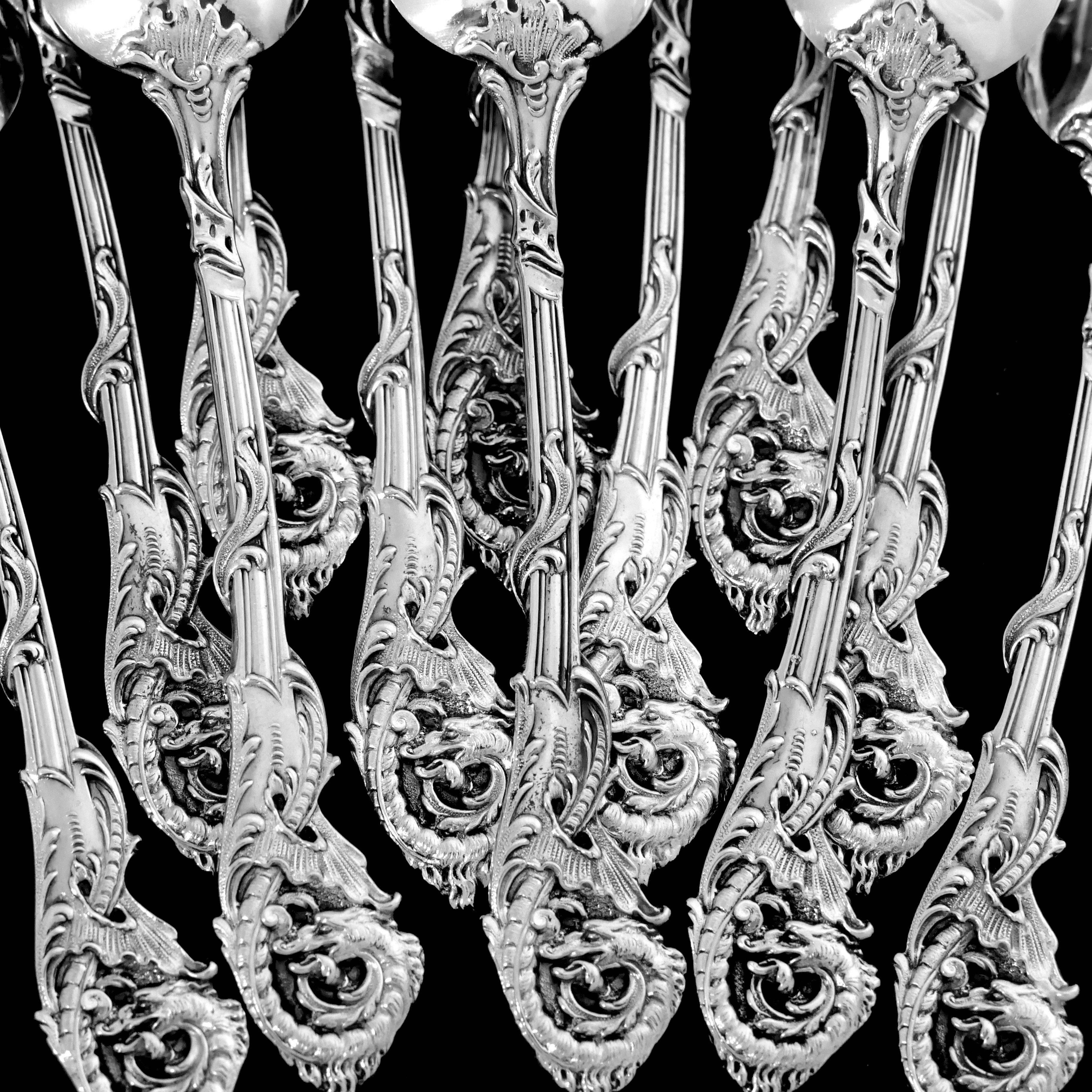 Veyrat Rare French Sterling Silver 18k Gold Tea Coffee Spoons Set 12 Pc, Dragon For Sale 1