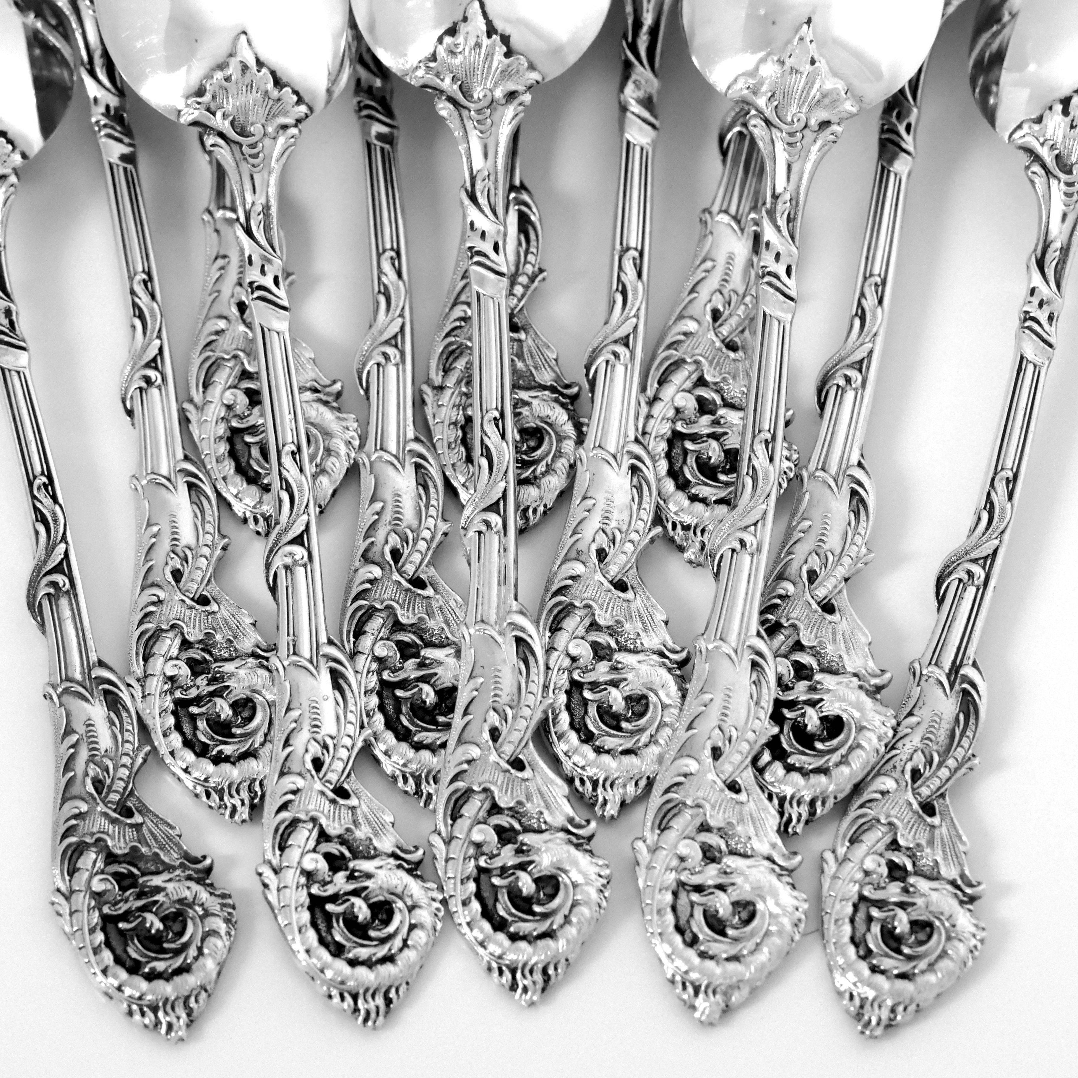 Veyrat Rare French Sterling Silver 18k Gold Tea Coffee Spoons Set 12 Pc, Dragon For Sale 4