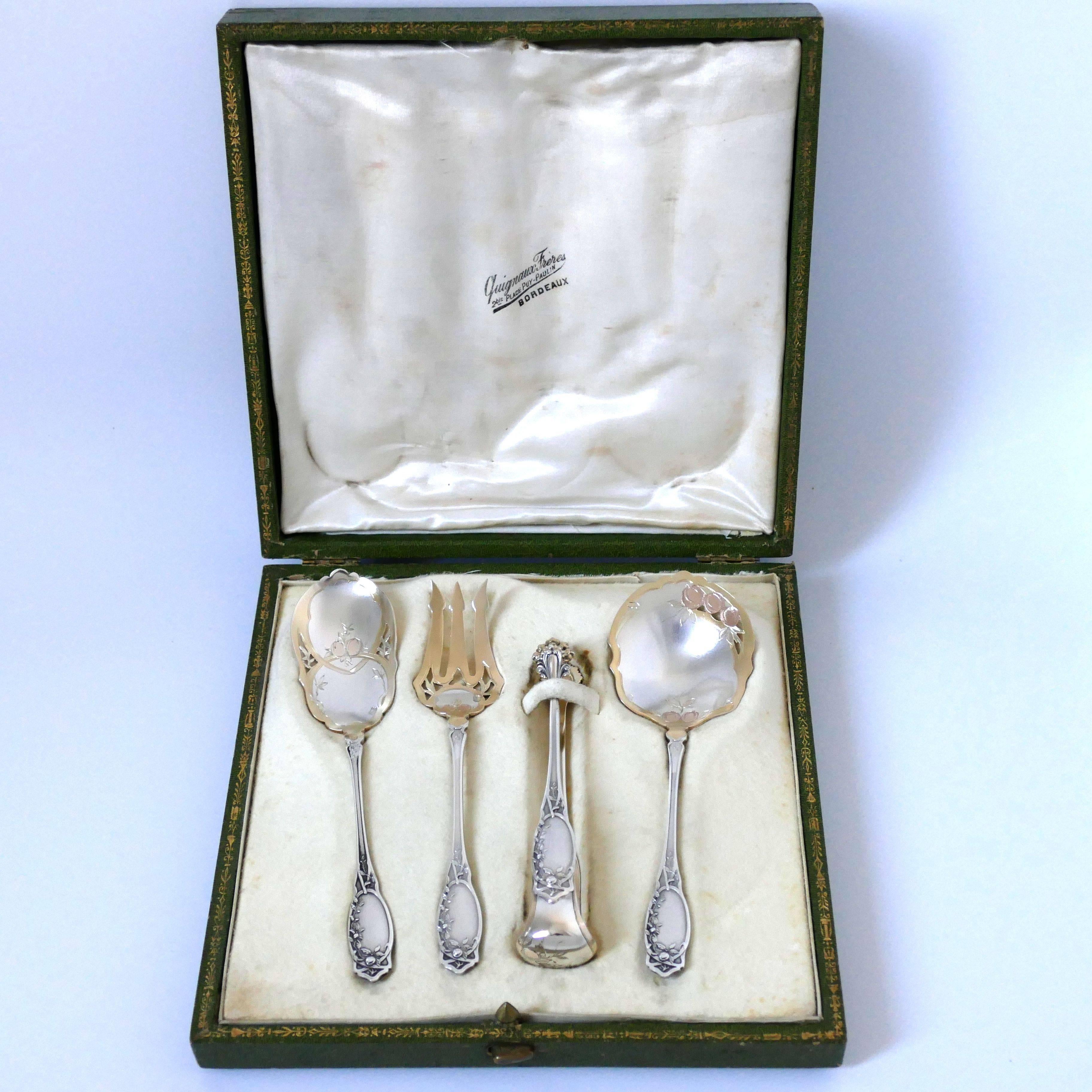 Coignet Rare French Sterling Silver Pink, Yellow 18k Gold Dessert Set Box Apples 5