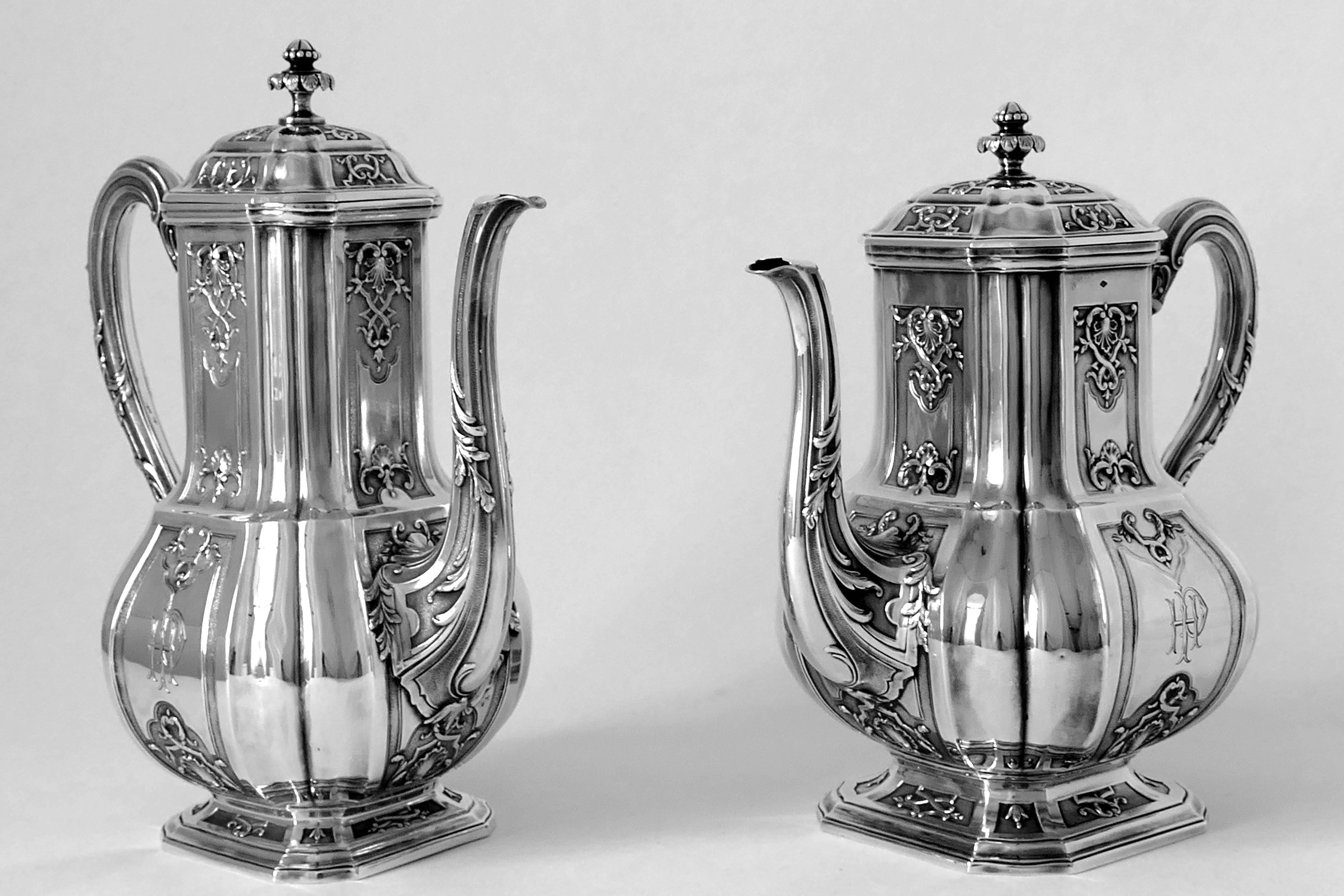 Puiforcat Rare Sterling Silver 18-karat Gold Tea Coffee Set 4 Pc, Regency In Good Condition For Sale In TRIAIZE, PAYS DE LOIRE