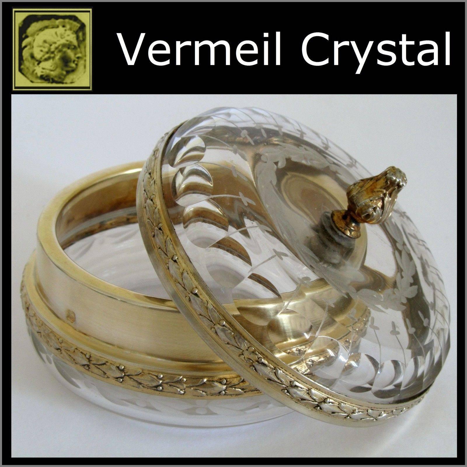 Head of Minerve 1 st titre for 950/1000 French Sterling Silver Vermeil guarantee. The quality of the gold used to recover sterling silver is a minimum of 750 mils (18-karat).

A rare French Sterling Silver 18k Gold & Engraved Crystal