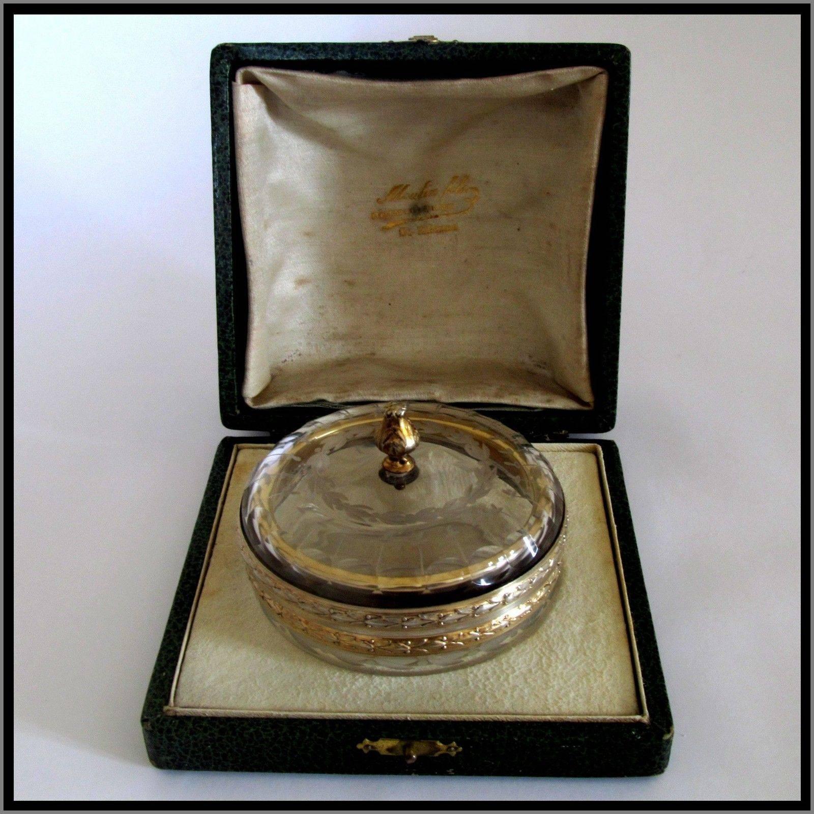 French Sterling Silver 18k Gold Crystal Trinkets or Jewerly Box, Original Case In Good Condition In TRIAIZE, PAYS DE LOIRE