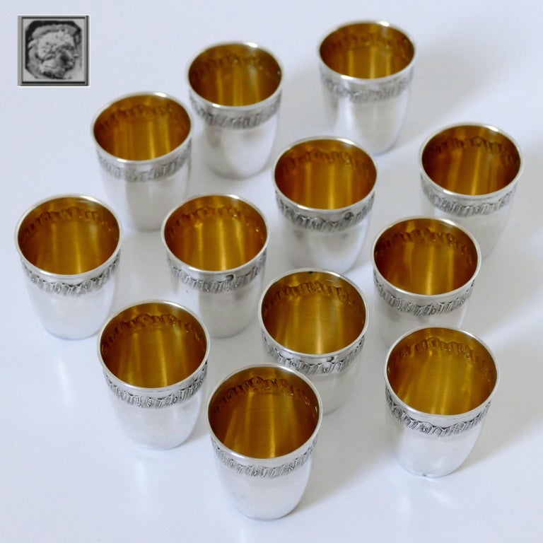 Rococo Crossard French Sterling Silver 18-Karat Gold Liquor Cups 12 Piece, Original Box For Sale