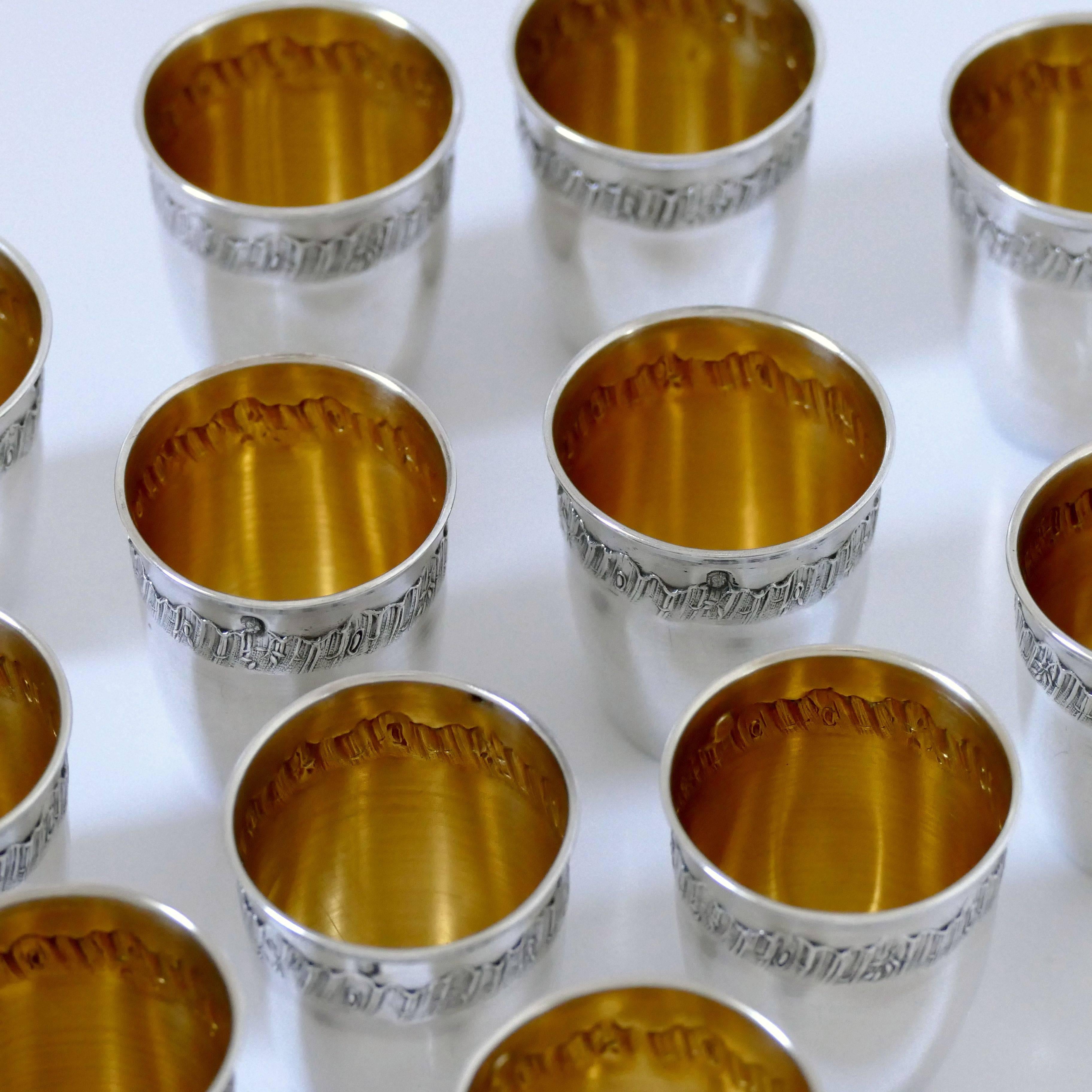Crossard French Sterling Silver 18-Karat Gold Liquor Cups 12 Piece, Original Box For Sale 1