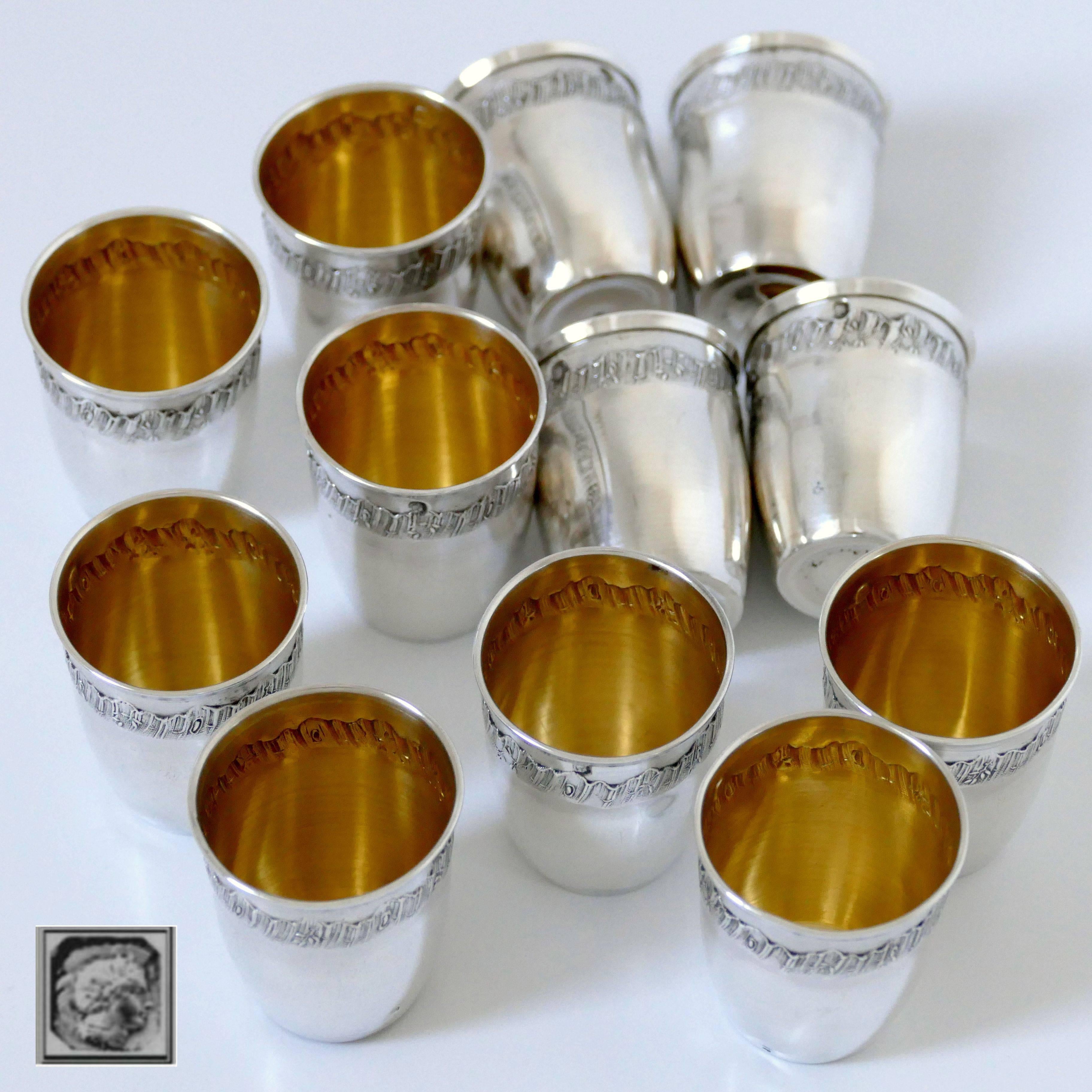 Crossard French Sterling Silver 18-Karat Gold Liquor Cups 12 Piece, Original Box In Good Condition For Sale In TRIAIZE, PAYS DE LOIRE