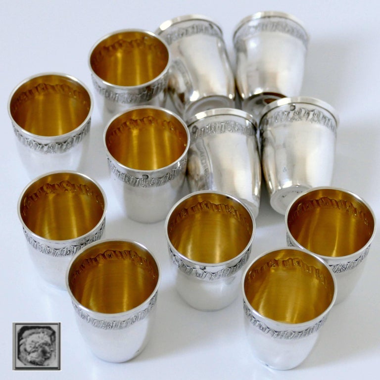 Early 20th Century Crossard French Sterling Silver 18-Karat Gold Liquor Cups 12 Piece, Original Box For Sale