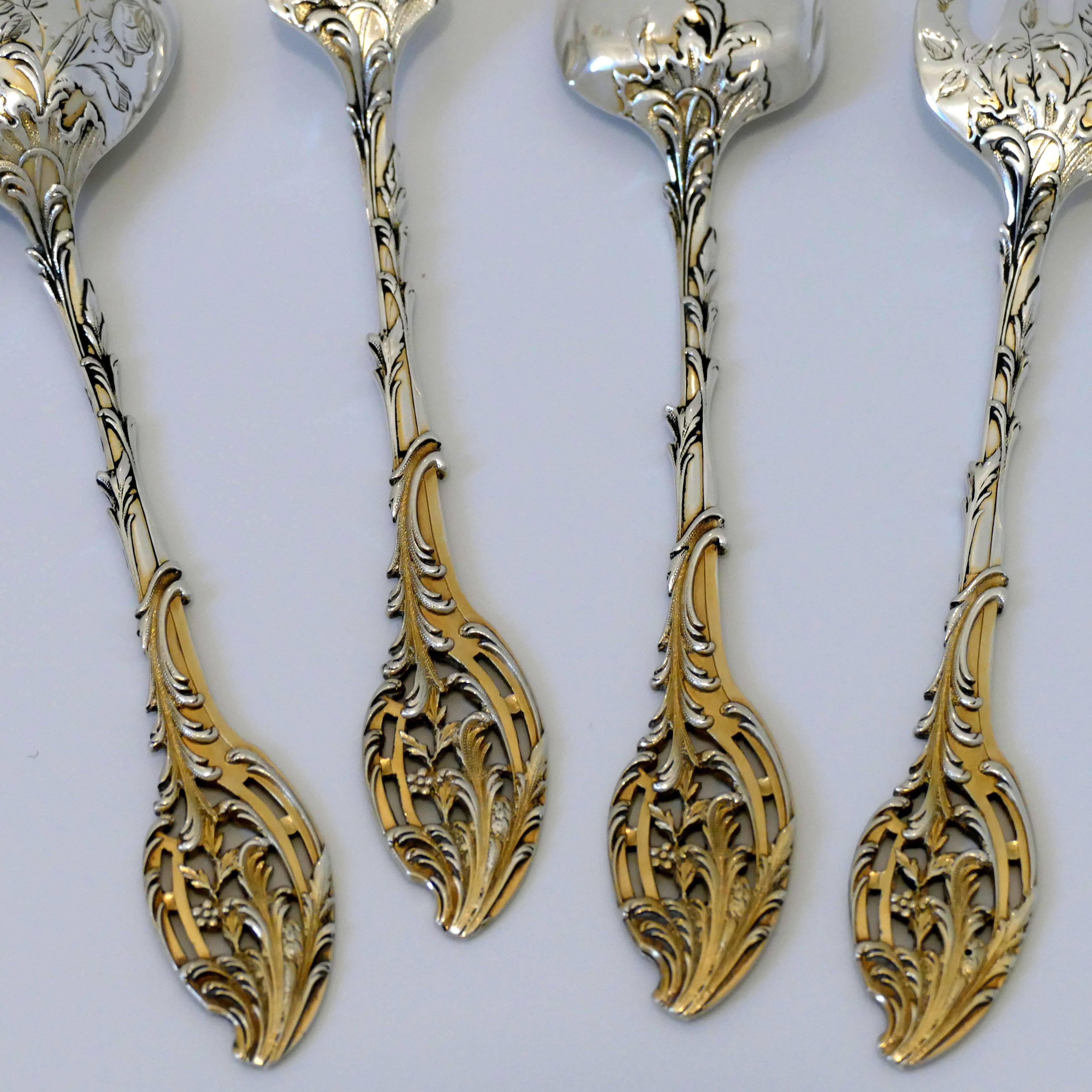Rococo Ernie French Sterling Silver 18-Karat Gold Dessert Hors D'oeuvre Set of 4 Piece