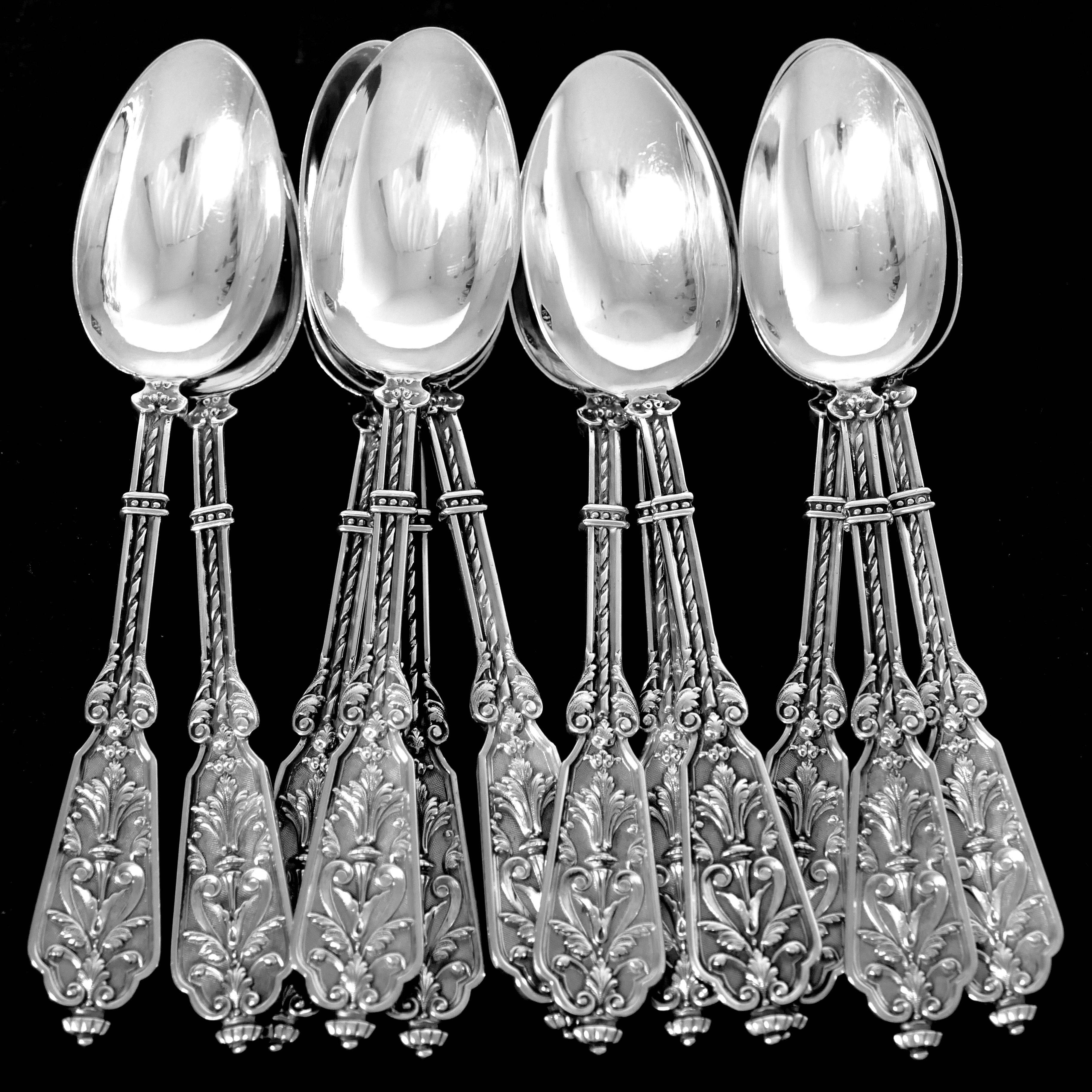 Puiforcat Rare French Sterling Silver Tea Dessert Spoons Set, Box, Renaissance For Sale 6