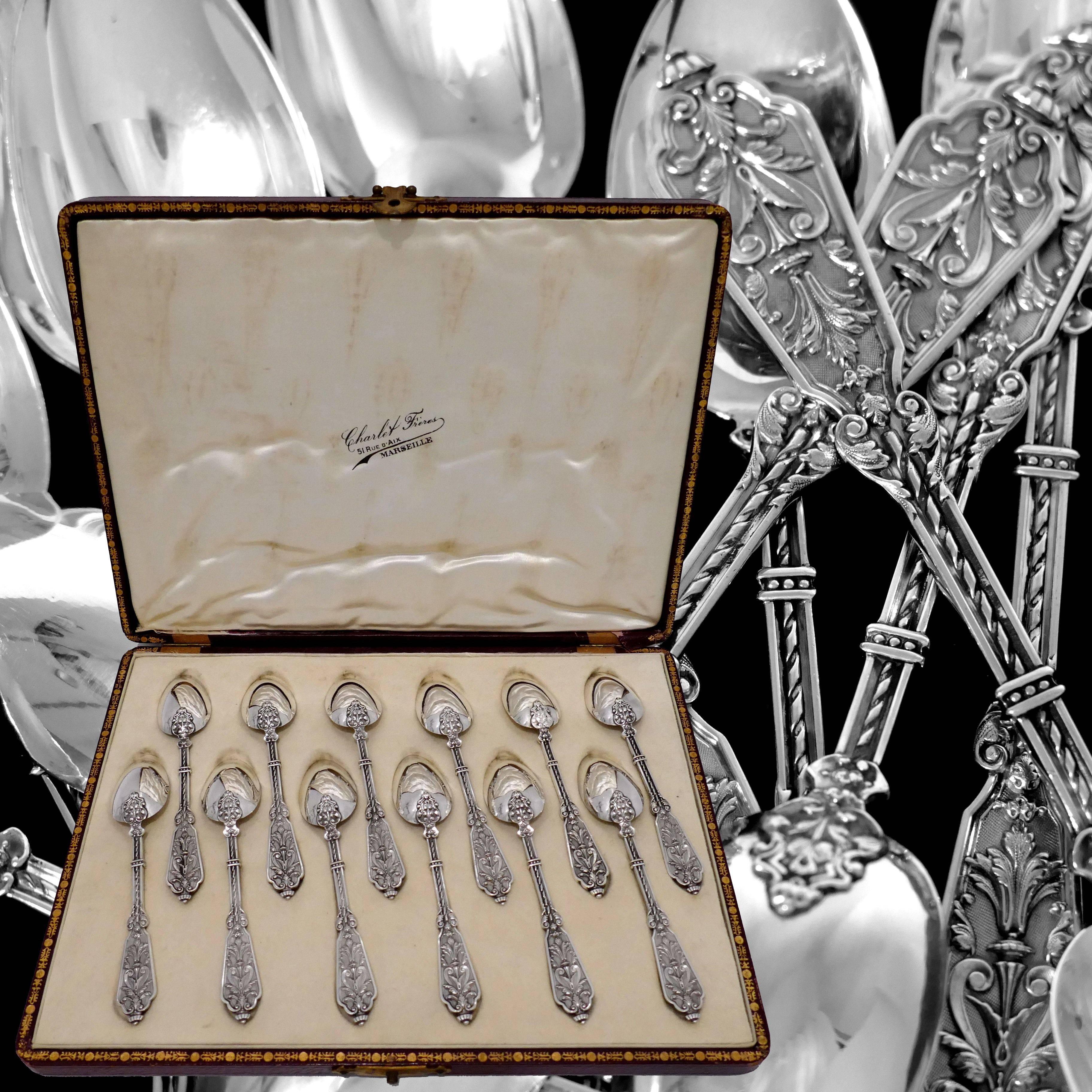 Puiforcat Rare French Sterling Silver Tea Dessert Spoons Set, Box, Renaissance For Sale 3