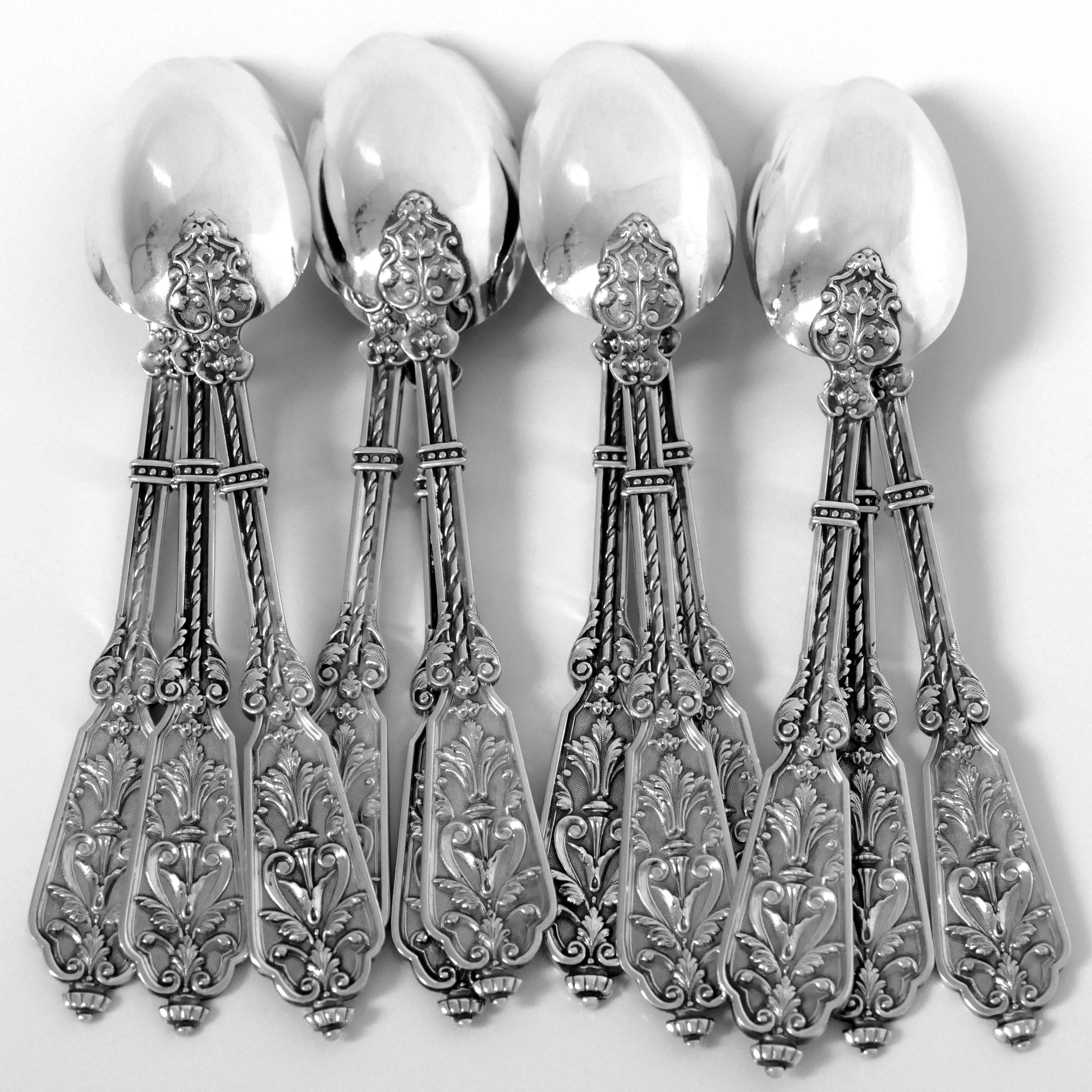 Puiforcat Rare French Sterling Silver Tea Dessert Spoons Set, Box, Renaissance For Sale 4