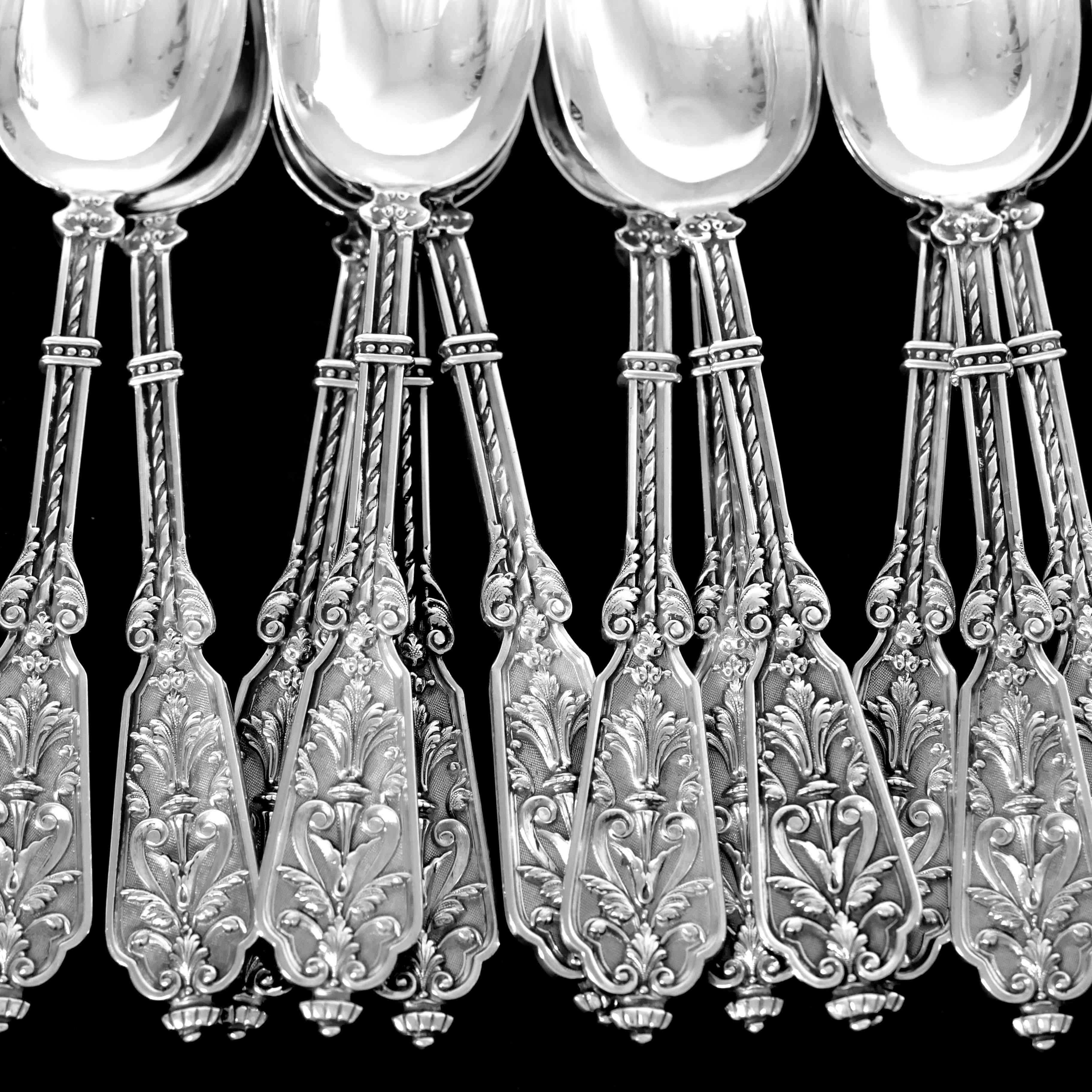 Late 19th Century Puiforcat Rare French Sterling Silver Tea Dessert Spoons Set, Box, Renaissance For Sale