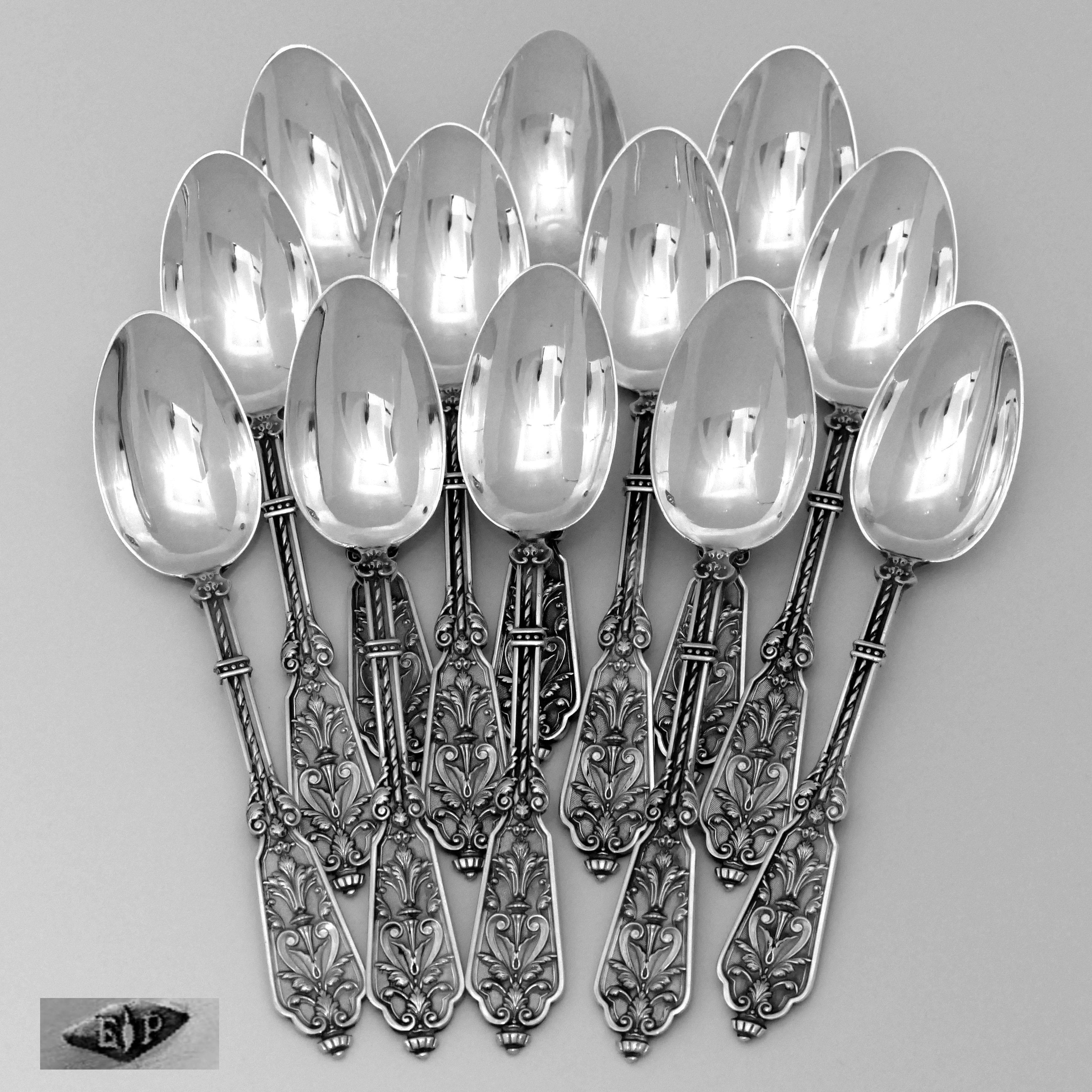 Puiforcat Rare French Sterling Silver Tea Dessert Spoons Set, Box, Renaissance For Sale 5