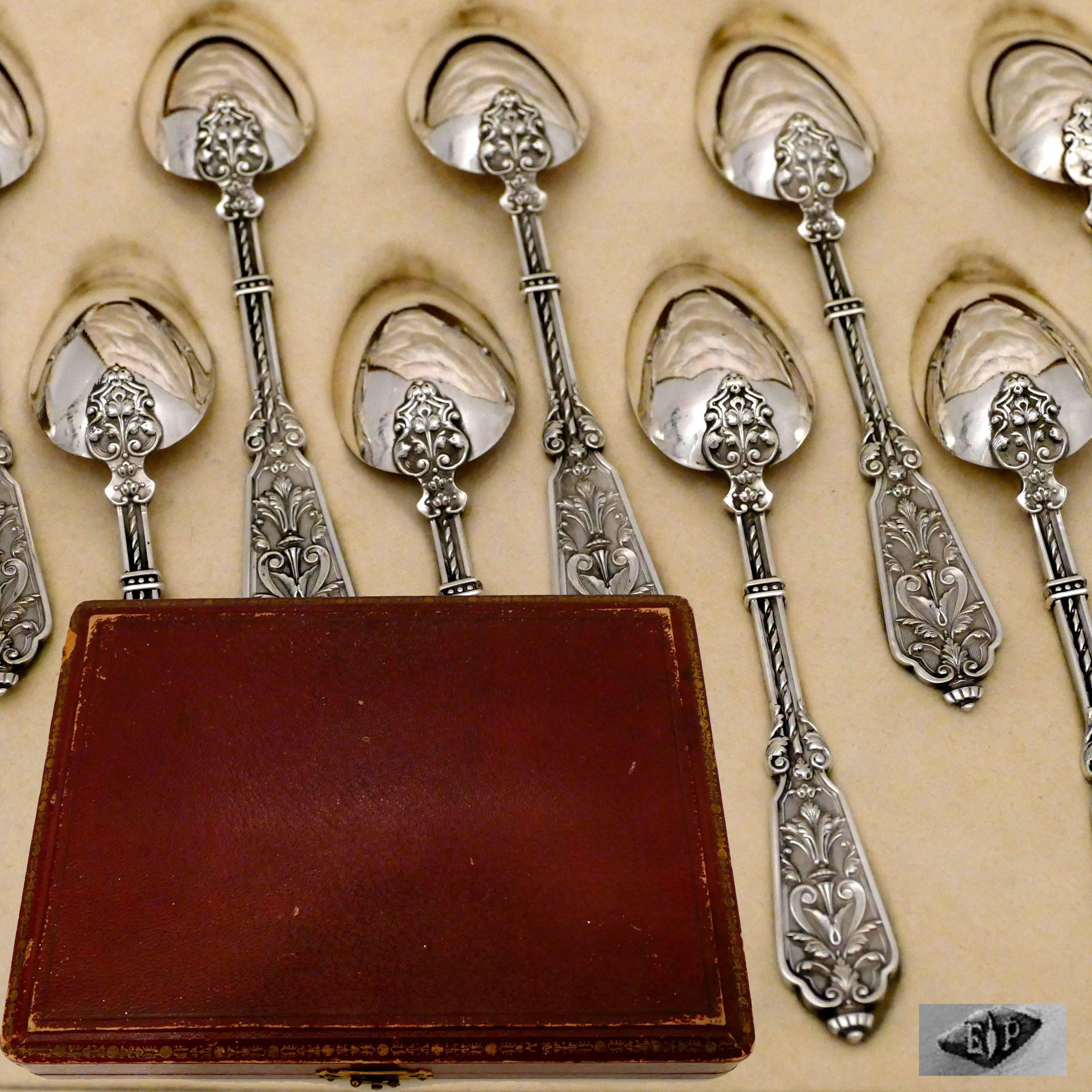 Puiforcat Rare French Sterling Silver Tea Dessert Spoons Set, Box, Renaissance For Sale 1
