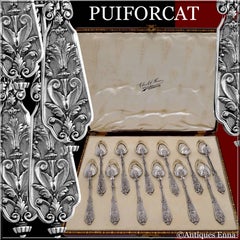 Puiforcat Rare French Sterling Silver Tea Dessert Spoons Set, Box, Renaissance