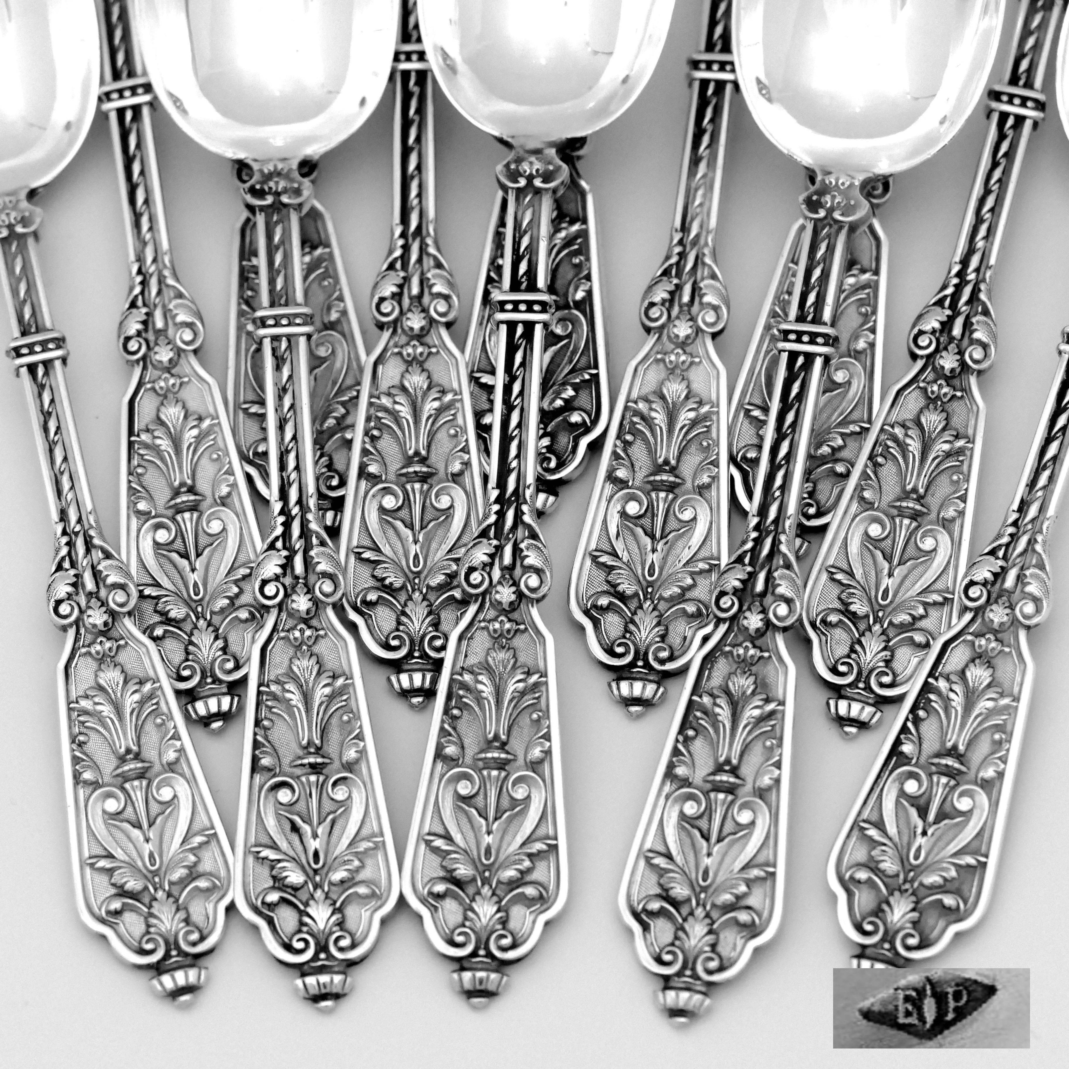 Puiforcat Rare French Sterling Silver Tea Dessert Spoons Set, Box, Renaissance For Sale 2