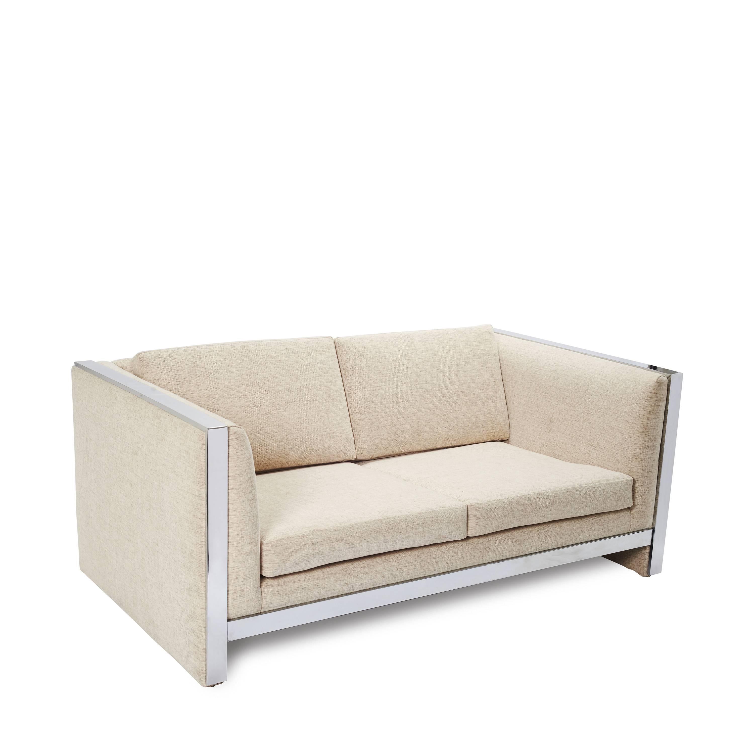 Mid-Century Modern sofa in the style of Milo Baughman. Newly upholstered fabric.