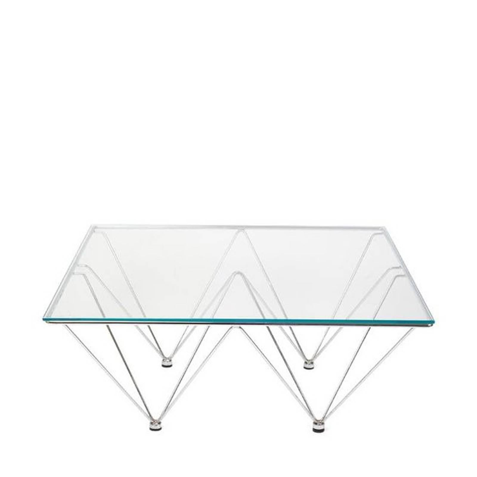 Paolo Piva style coffee table with new glass top. Sculptural chrome base has slight wear.