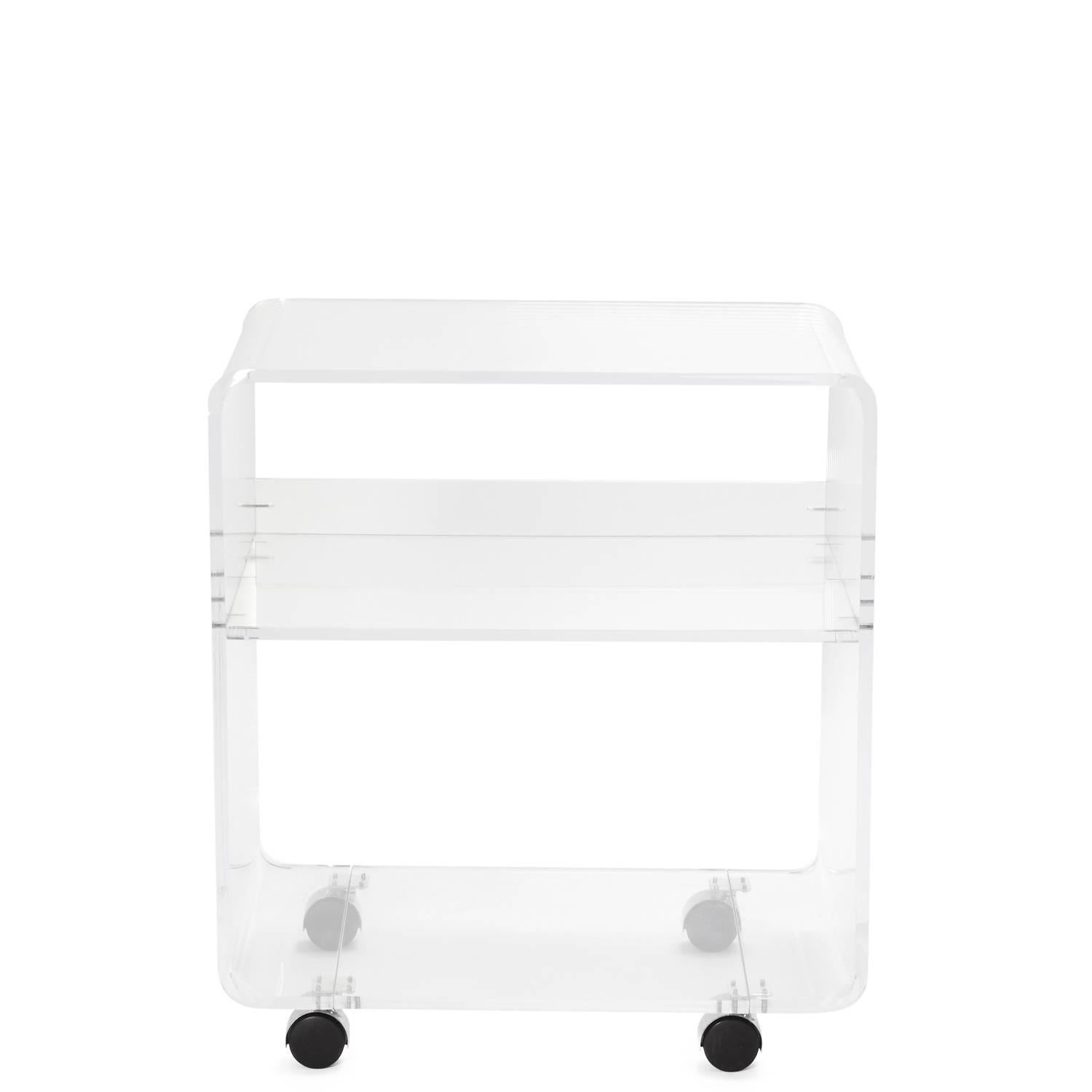 Waterfall Lucite bar cart with chrome details, includes middle shelf and four rolling casters.