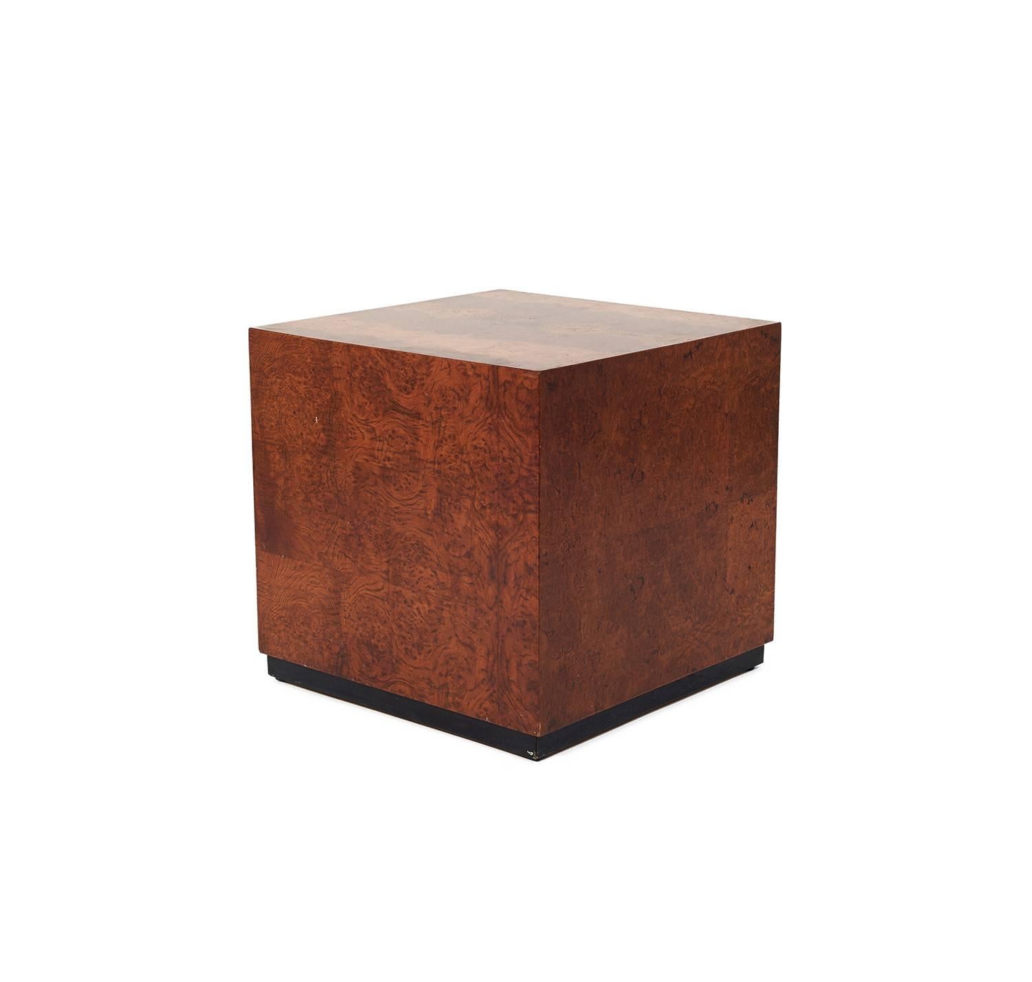 Burled wood cube side table in the style of Milo Baughman, circa 1970. Table is hollow and has an open bottom. Great condition, no damage or repairs.