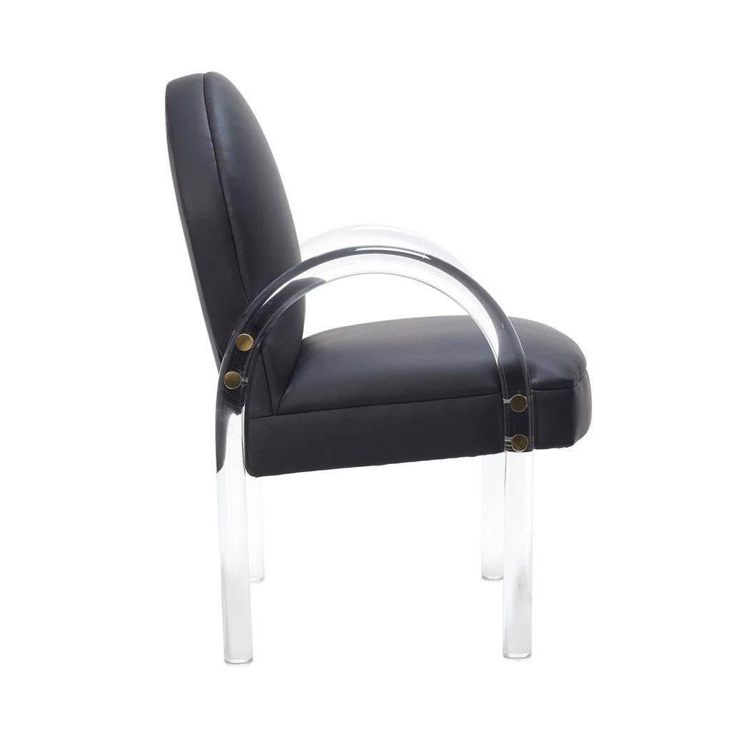 Black Leather Chair with Lucite Arms In Excellent Condition For Sale In Los Angeles, CA
