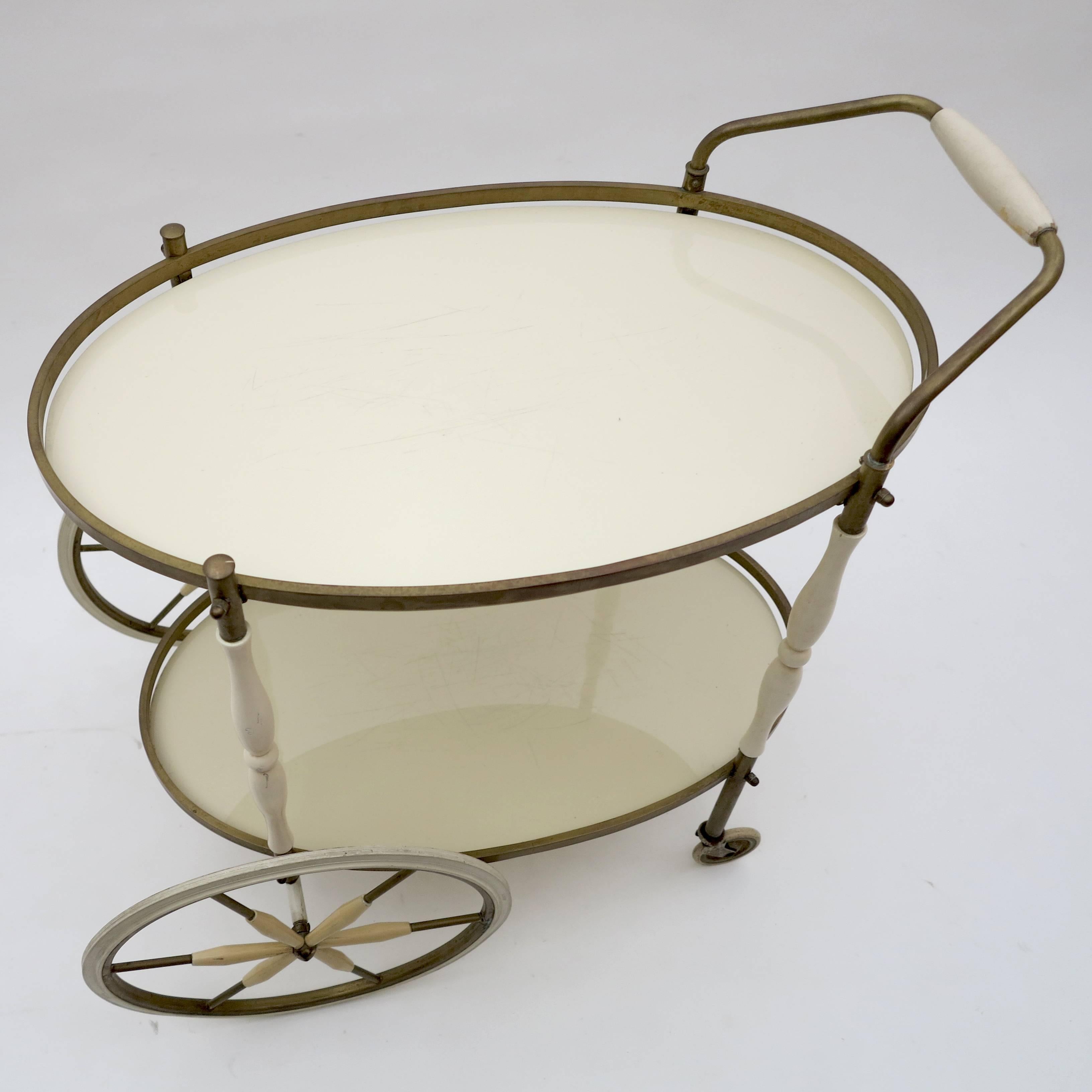 Lacquered Bronze and Glass Oval Bar and Serving Cart / Trolley For Sale