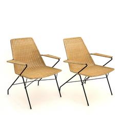 Pair of Mid-Century Wicker and Iron Armchairs, circa 1950s