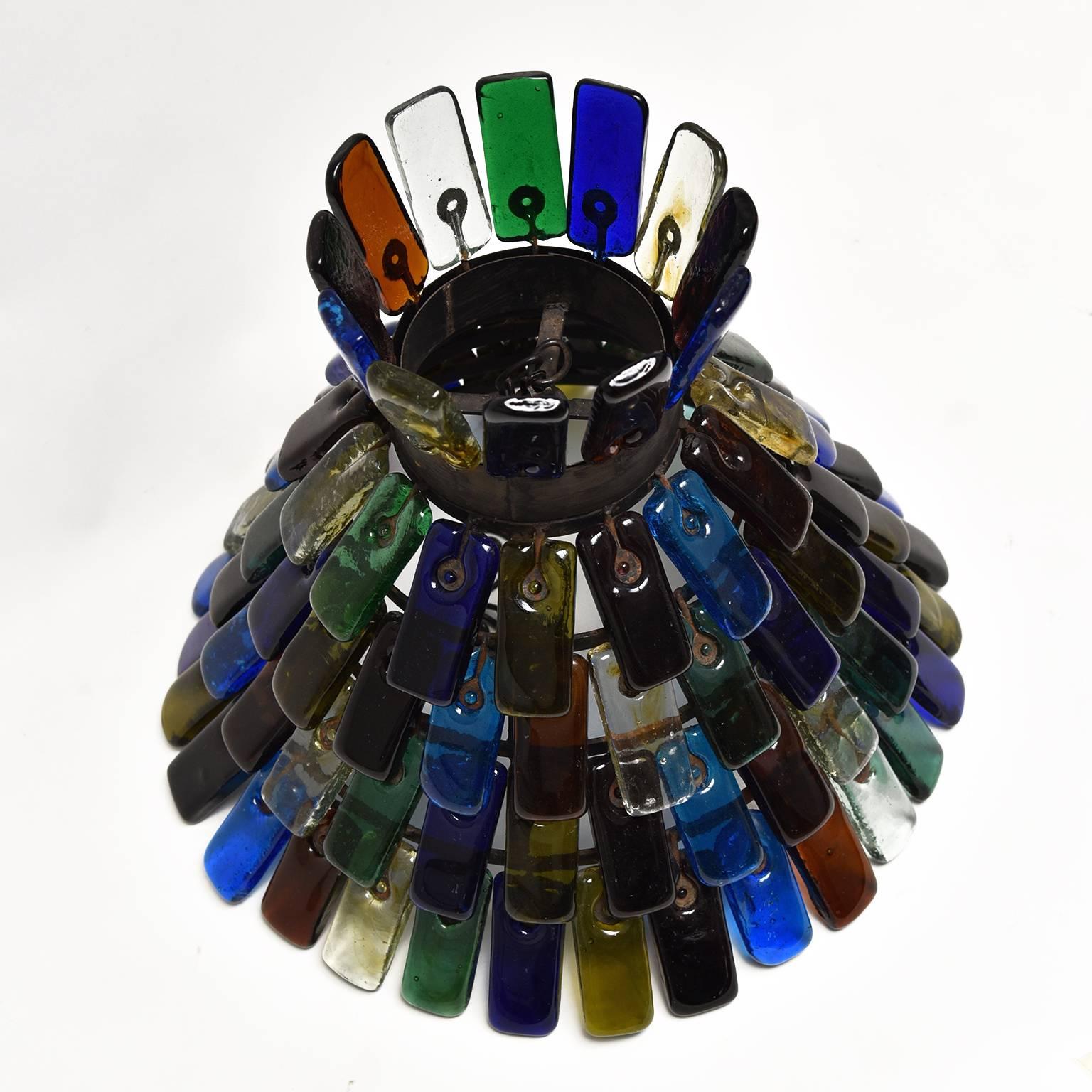 Spectacular chandelier manufactured in different colored handblown glasses designed and manufactured by Feders, circa 1970.