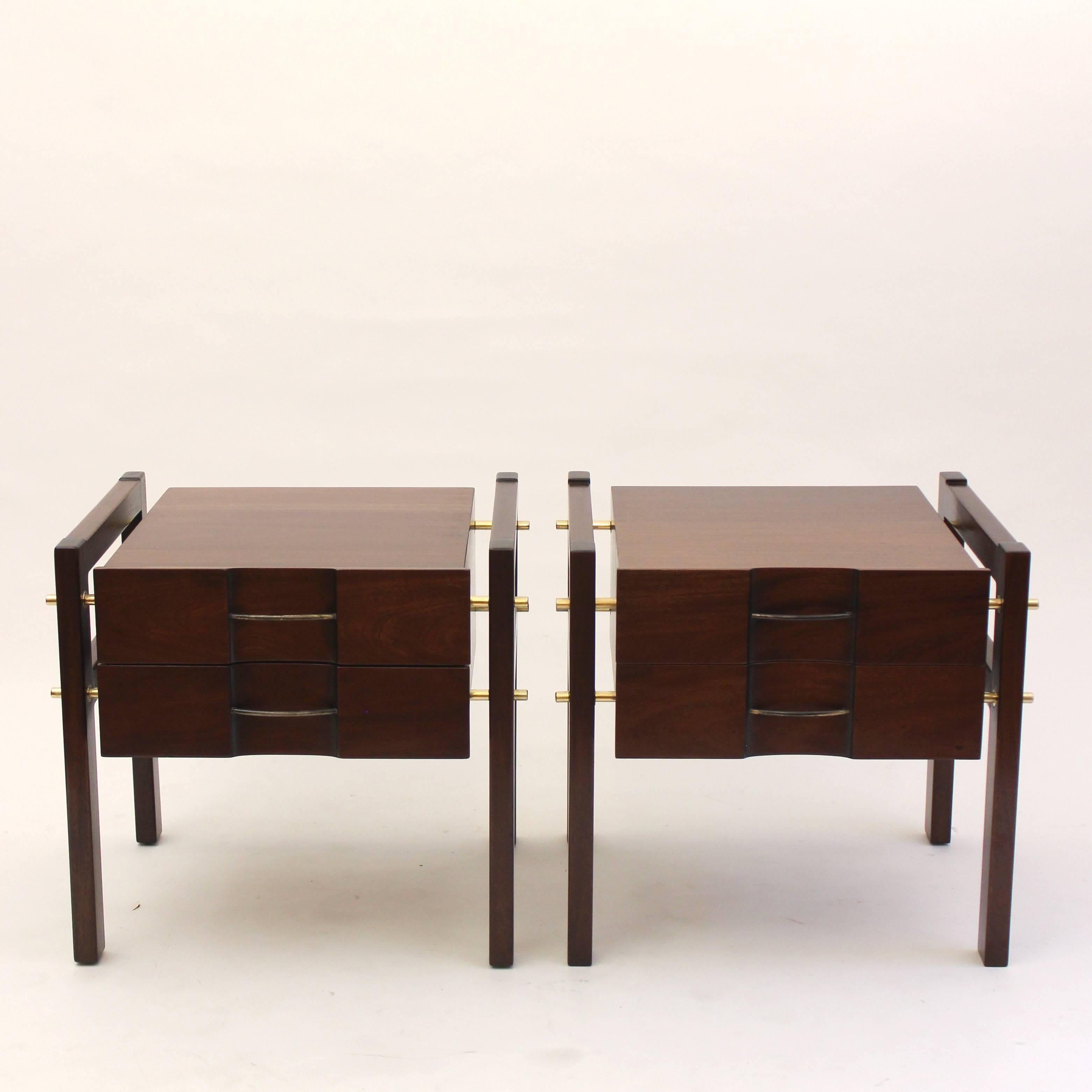 Spectacular pair of solid Mid-Century nightstands, designed by Edmond Spence and labeled 