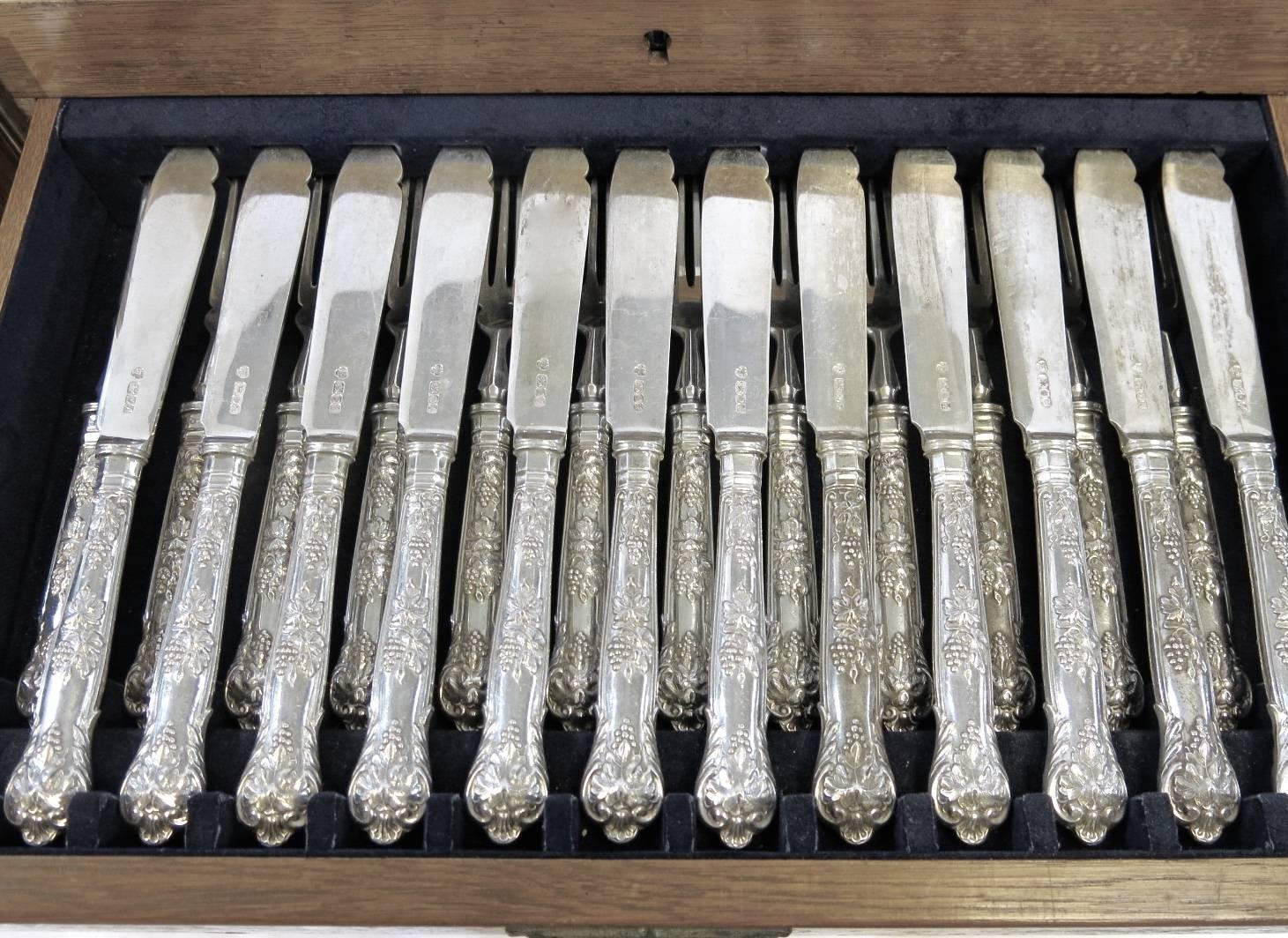 Bright Vine Pattern, English, Sterling Silver Flatware Set Fitted in Box 2