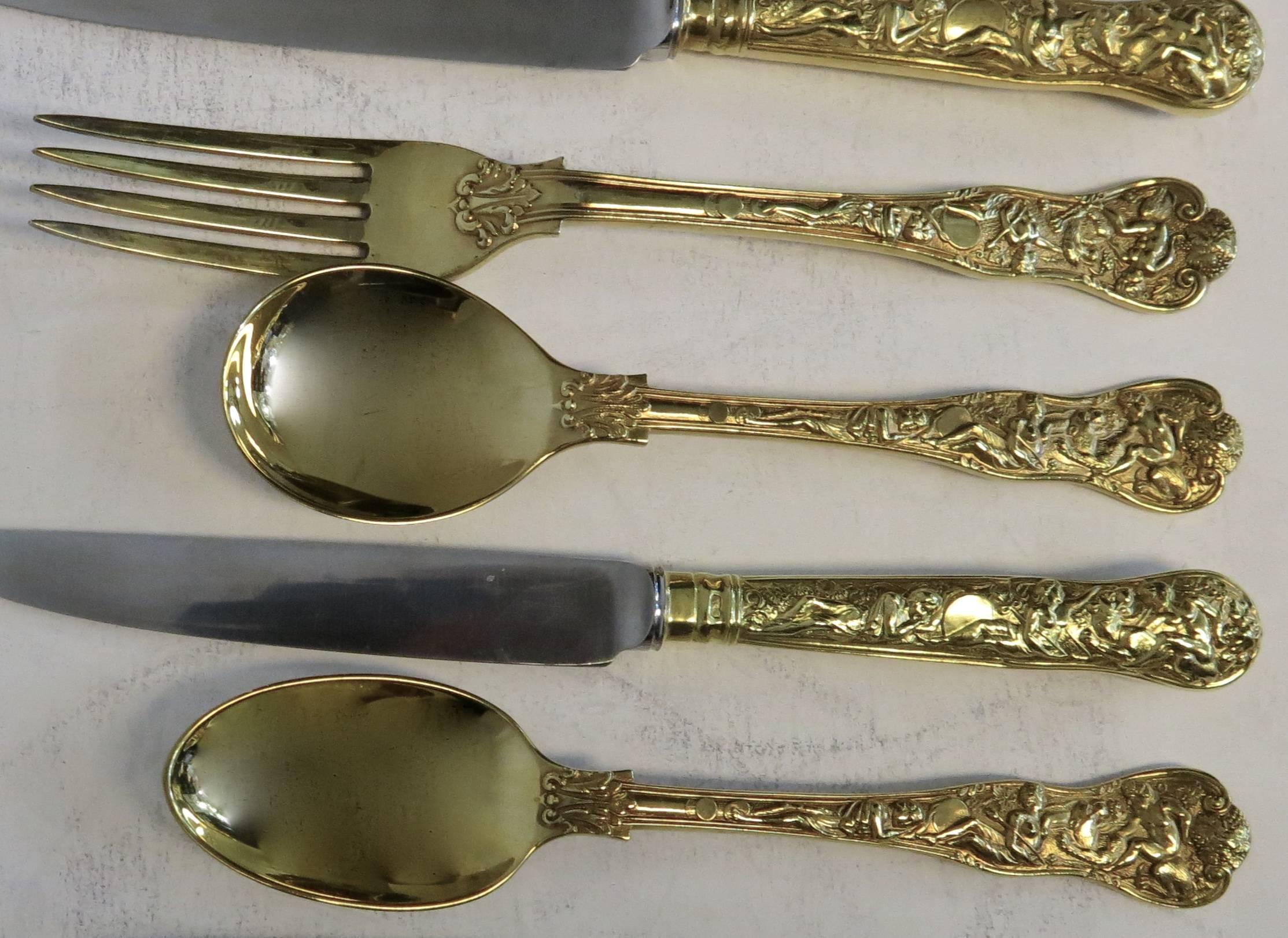 Bacchanalian, Sterling Silver Gilt Flatware Complete for 12, Very Rare Pattern 2