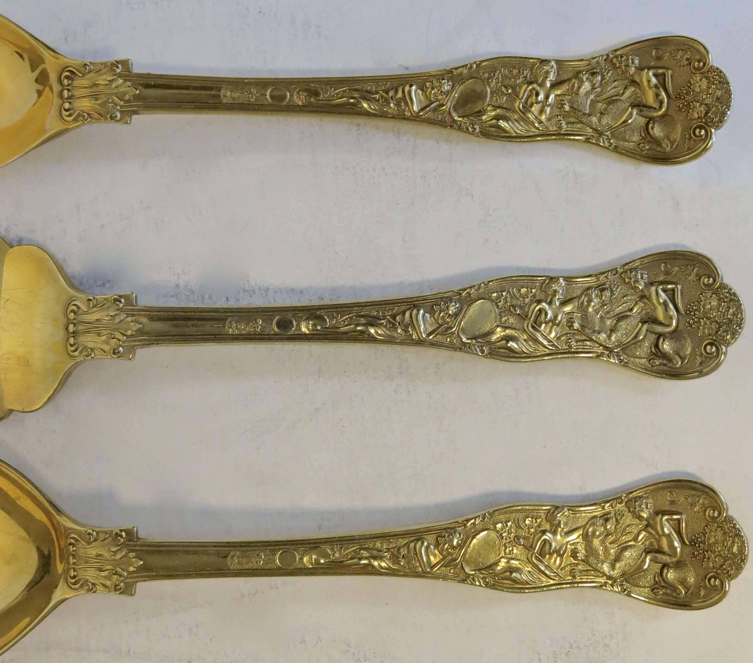 Bacchanalian, Sterling Silver Gilt Flatware Complete for 12, Very Rare Pattern In Excellent Condition In New York, NY