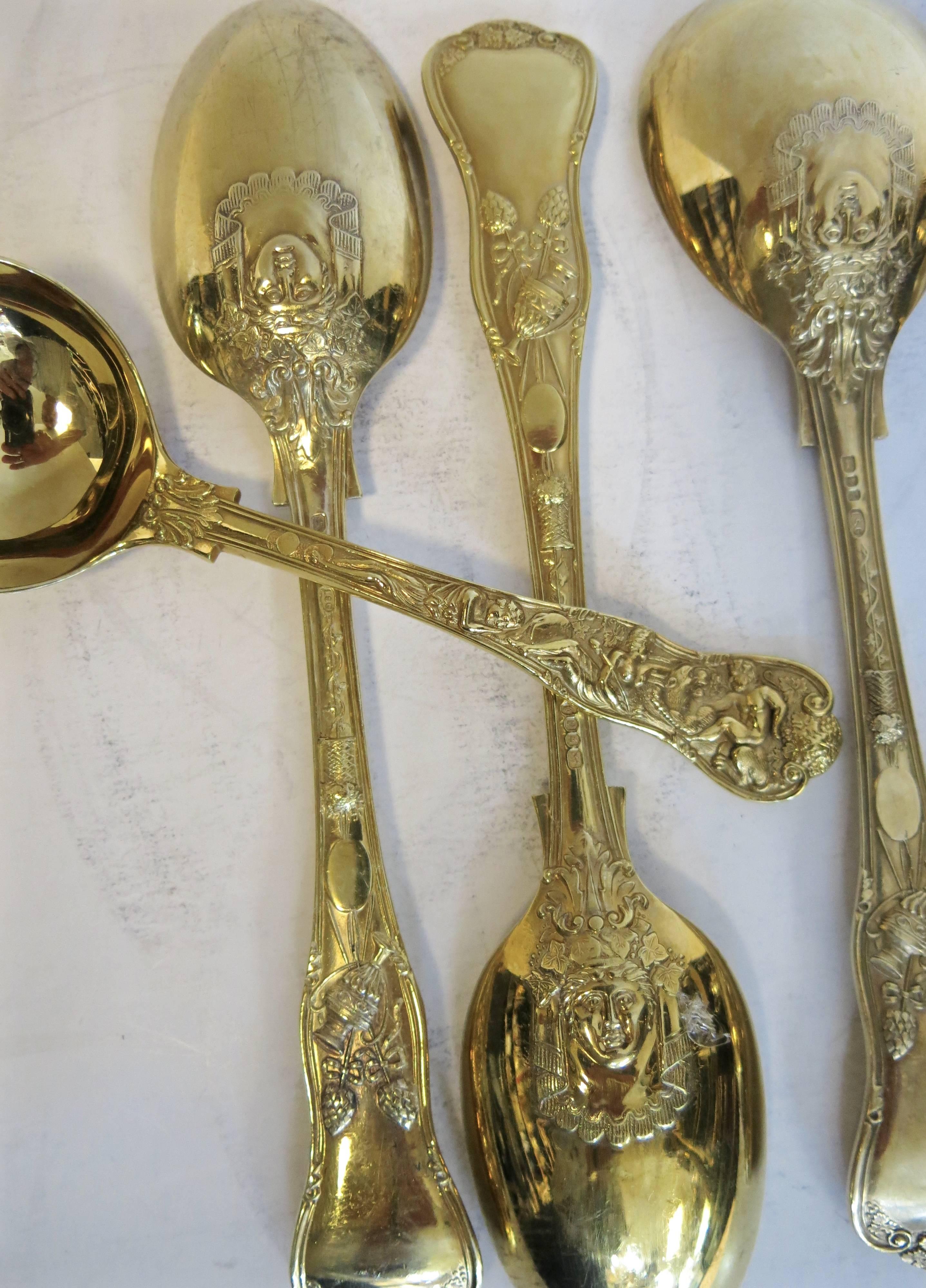 Bacchanalian, Sterling Silver Gilt Flatware Complete for 12, Very Rare Pattern 3