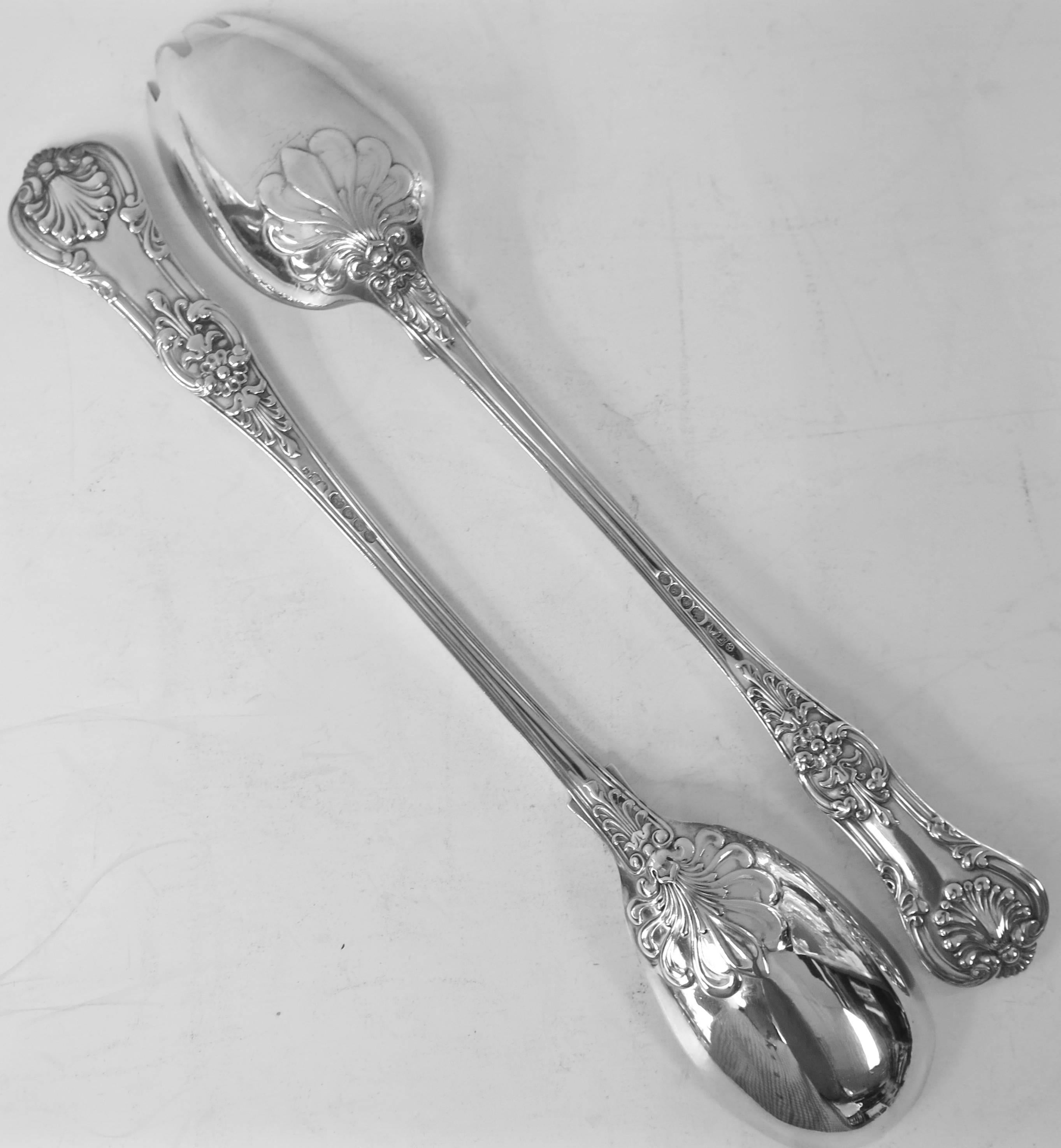 Exceptional quality pair of antique English, sterling silver Queens pattern salad servers made by William Eley In London, 1837. It's rare to find antique salad servers, and the size, style, quality, maker, period and condition of these only add to