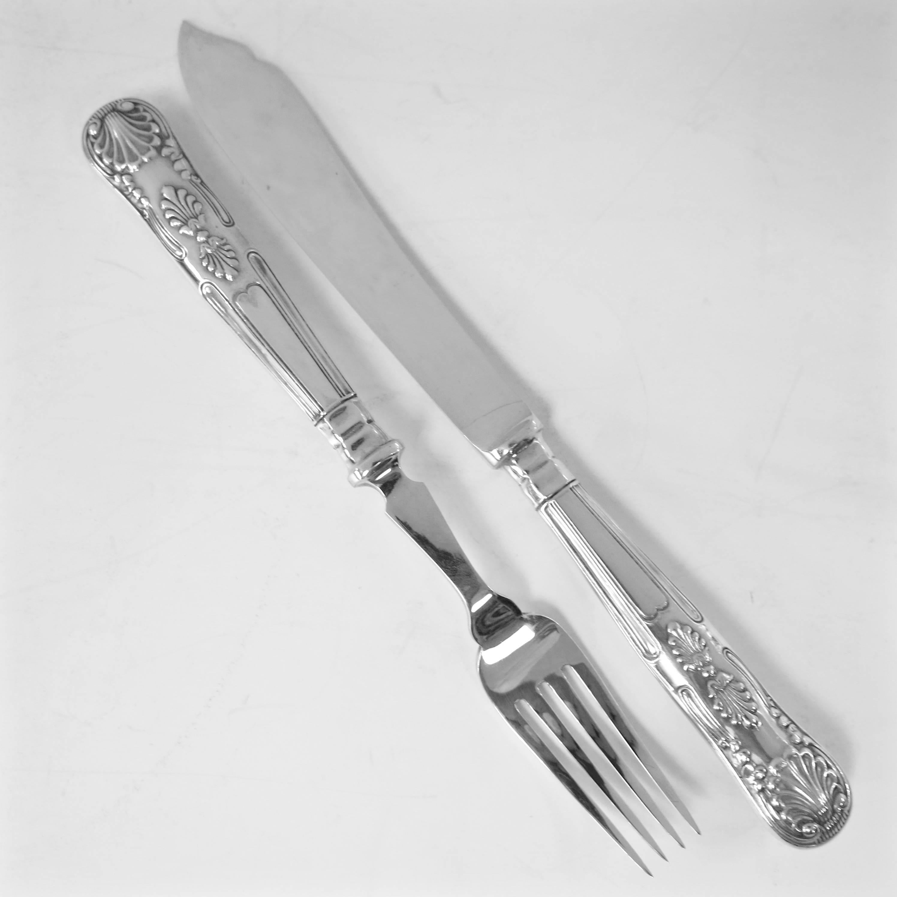 English, Sterling Silver, Fish Knives & Fish Forks For 12 People In The Kings Pattern. Made By Mappin & Webb, Dated 1928. The Set Is Solid Silver, The Handles & The Blades, And The Handles Are Not Filled Or Weighted So They Won't Separate From The