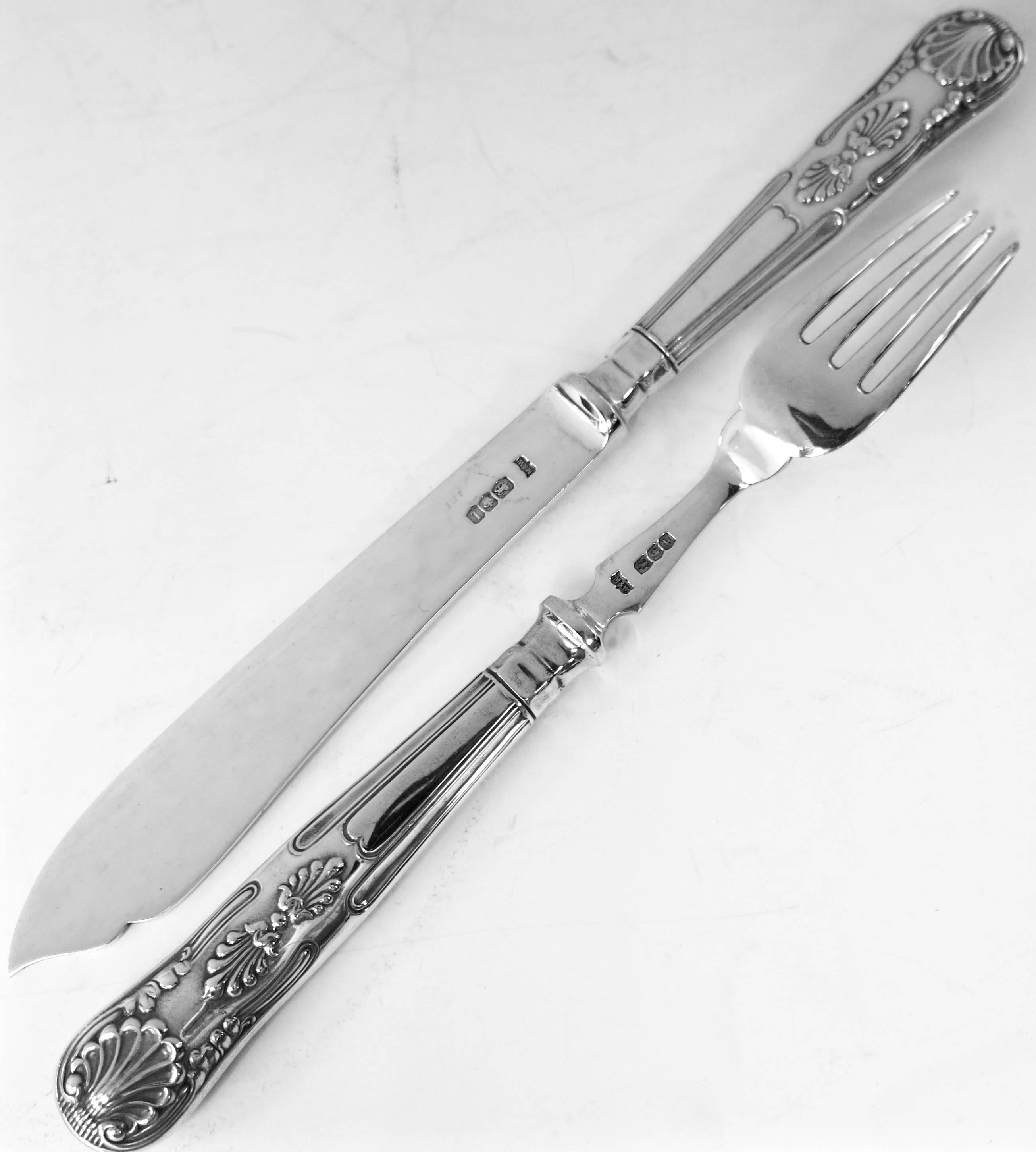 Kings Pattern, Sterling Silver Fish Knives & Forks, Mappin & Webb, 24 Pieces In Good Condition In New York, NY