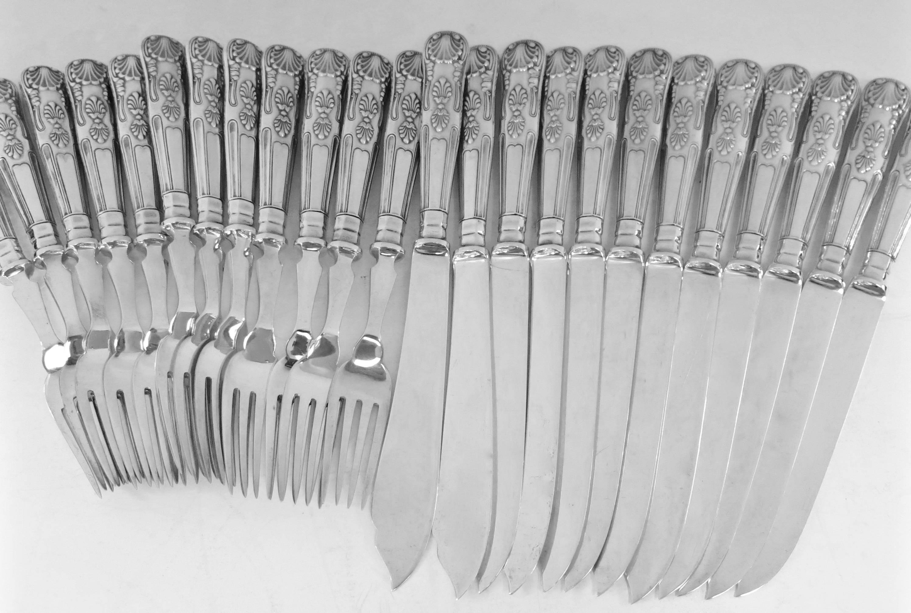 20th Century Kings Pattern, Sterling Silver Fish Knives & Forks, Mappin & Webb, 24 Pieces