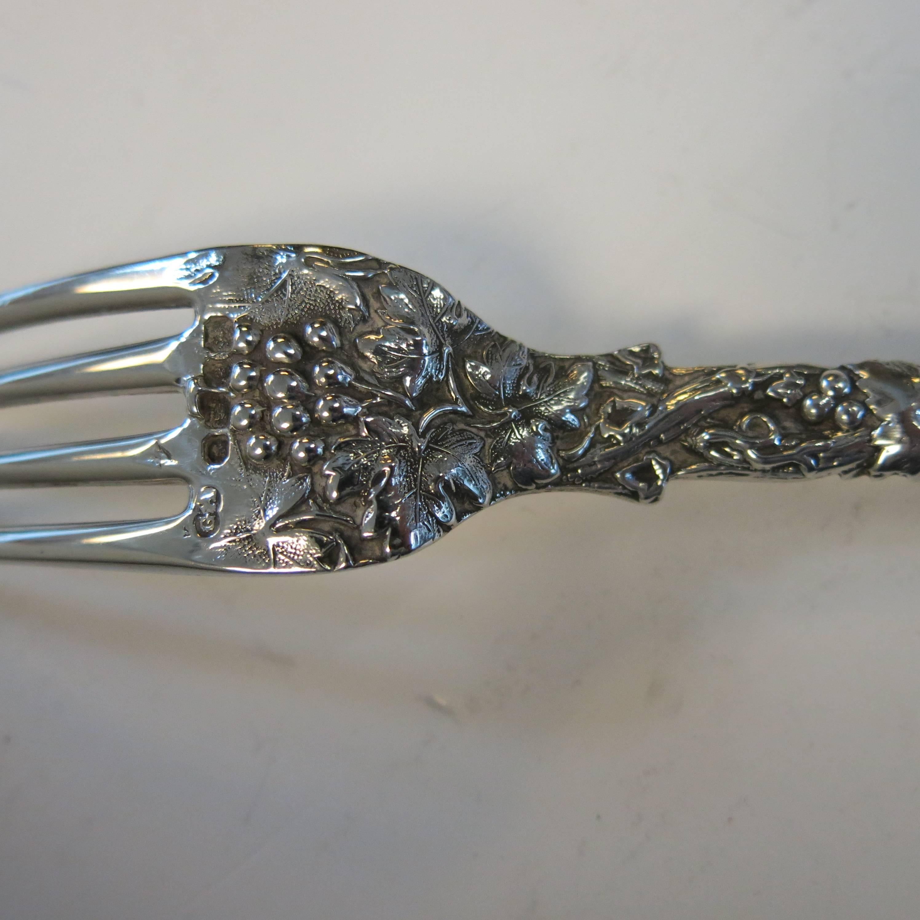 19th Century Rare Pair of Chased Vine Spoon & Fork, Antique English by George Adams For Sale