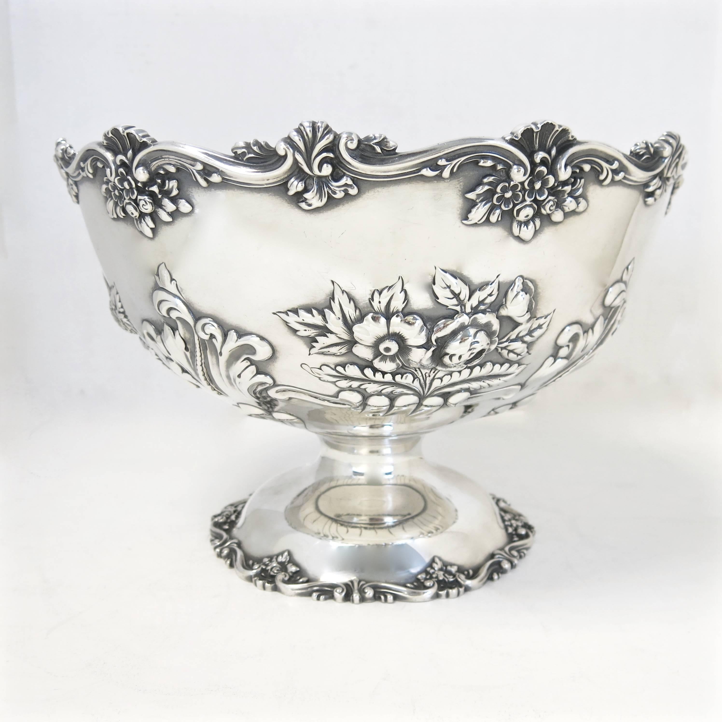Large Art Nouveau style, antique sterling silver bowl, made by black, starr & frost, circa 1900.
The bowl is decorated with a hand chased floral decoration on the body, with an applied floral border on top rim, matching the applied decoration on