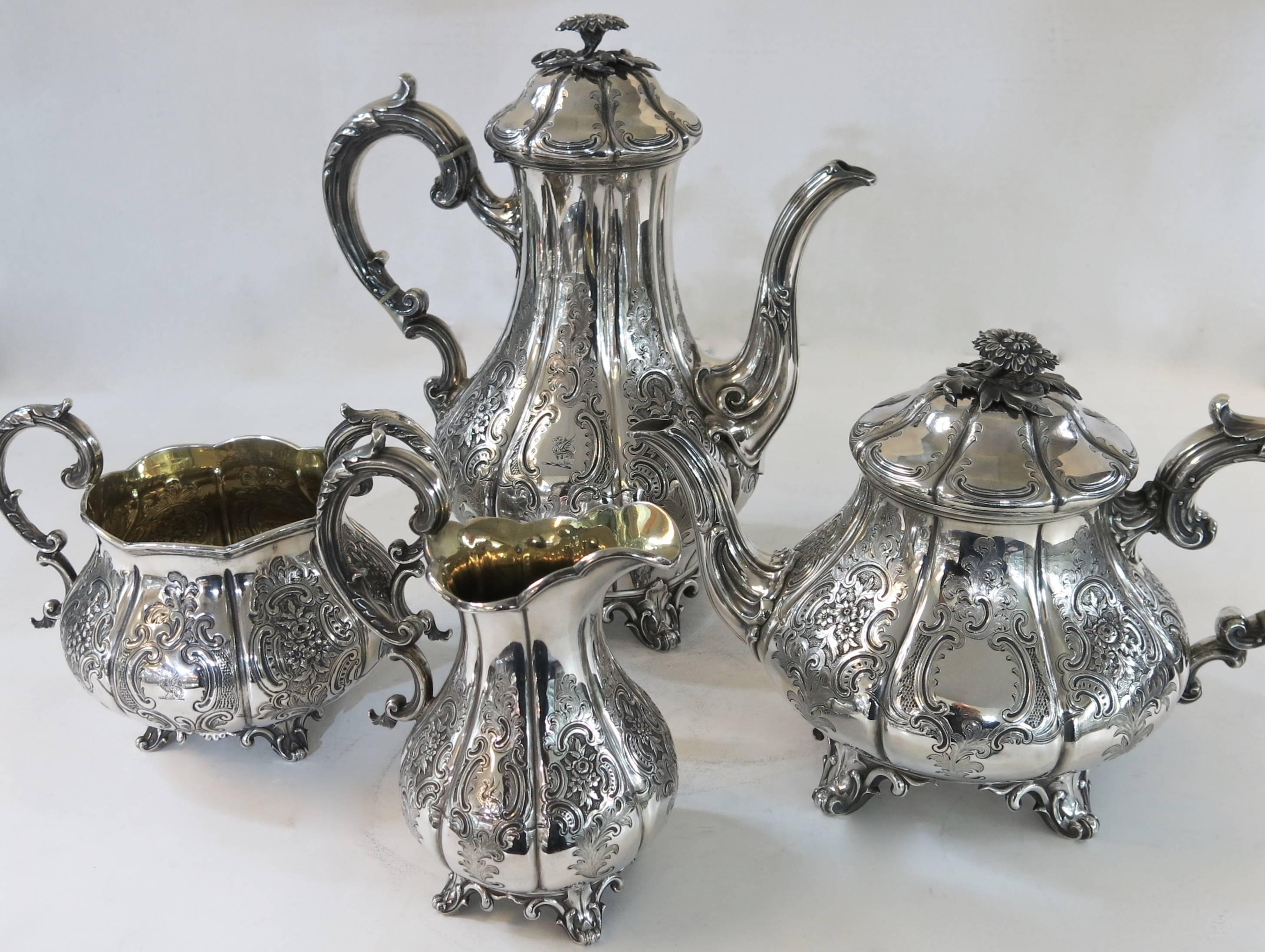 A superb style and quality, four piece, sterling silver tea set. Made in London by the famous silversmith of the Barnard's family, Edward, Edward Jr. John & William Barnards, fully hallmarked and dated 1830. The ribbed bodies with hand chased floral