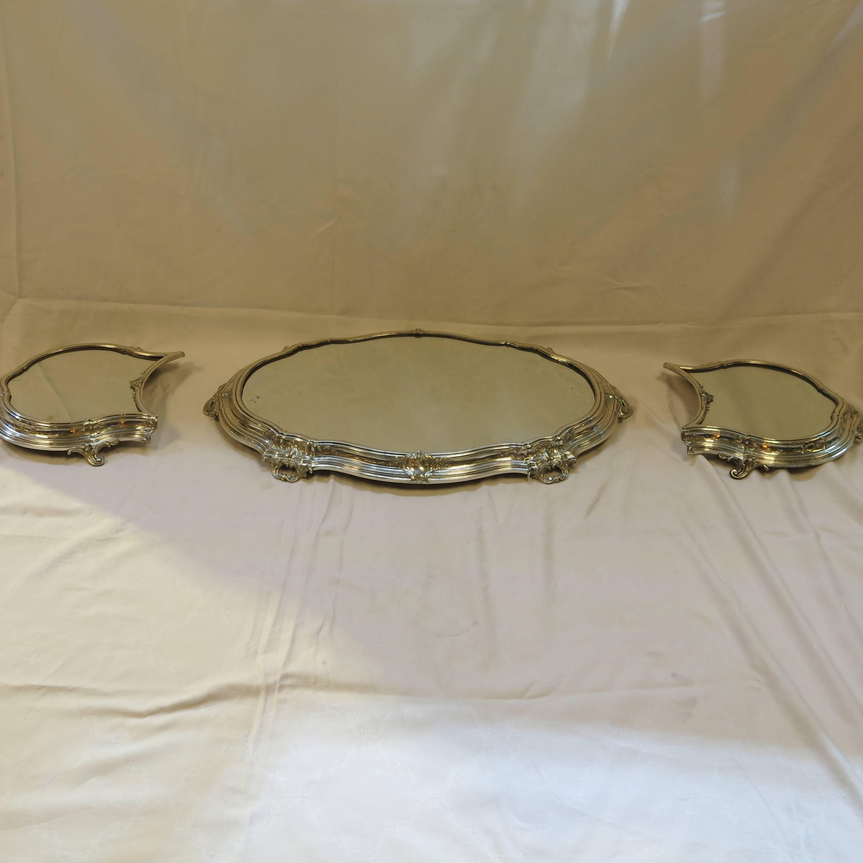 Belgian Antique Sterling Silver Three Section Mirrored Top Plateau